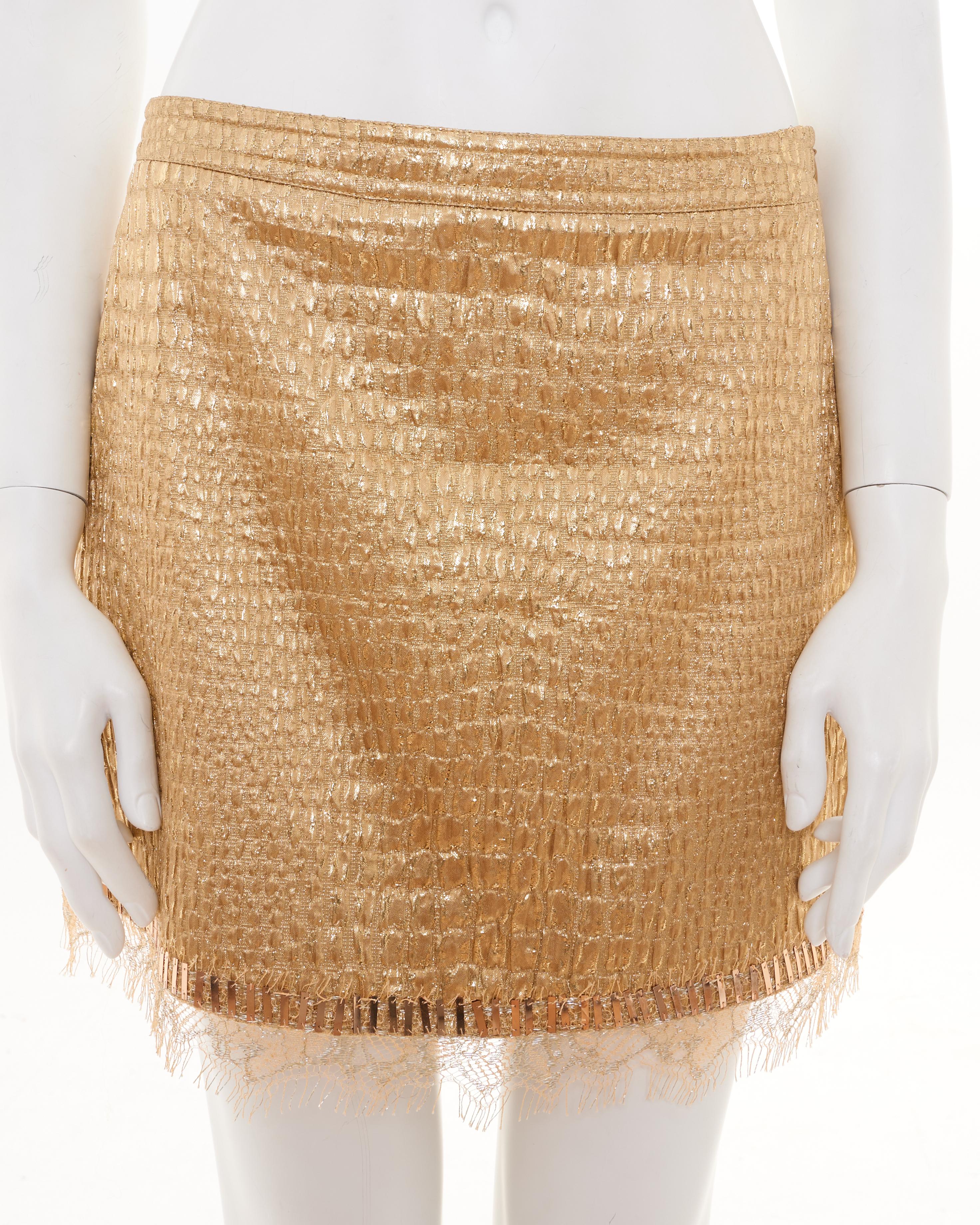 Donna Blumarine Early 2000s Gold Croco Mini Skirt with Lace Details in vendita