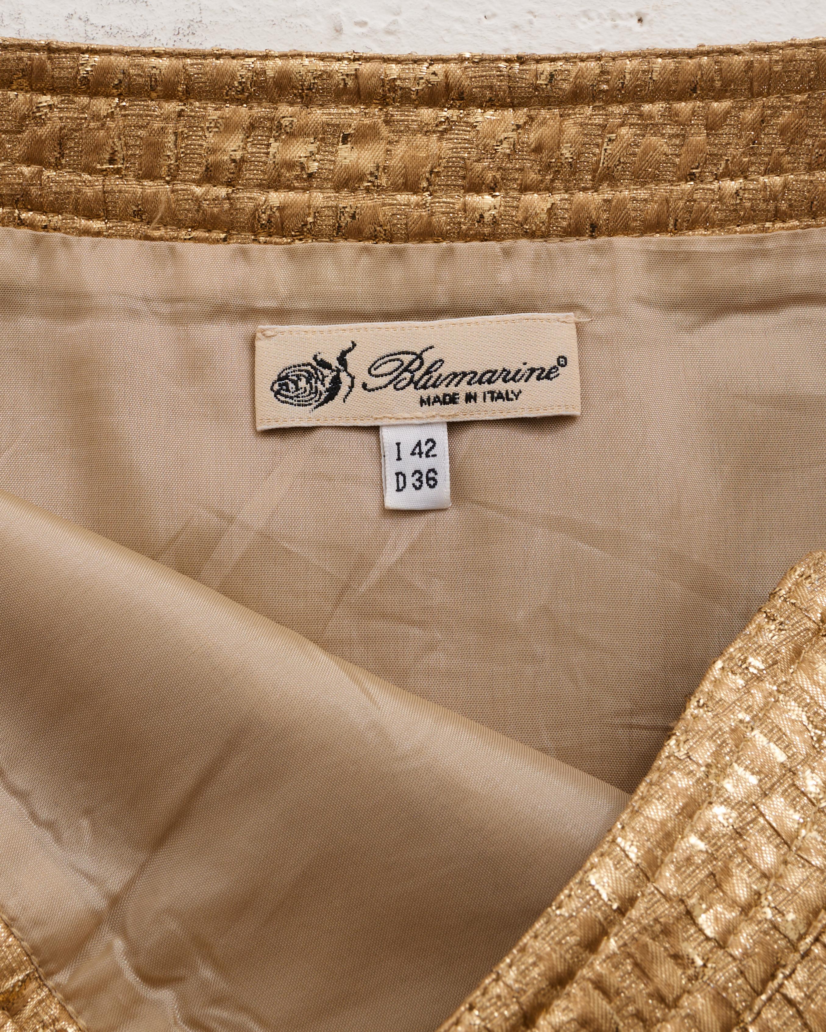 Blumarine Early 2000s Gold Croco Mini Skirt with Lace Details in vendita 3
