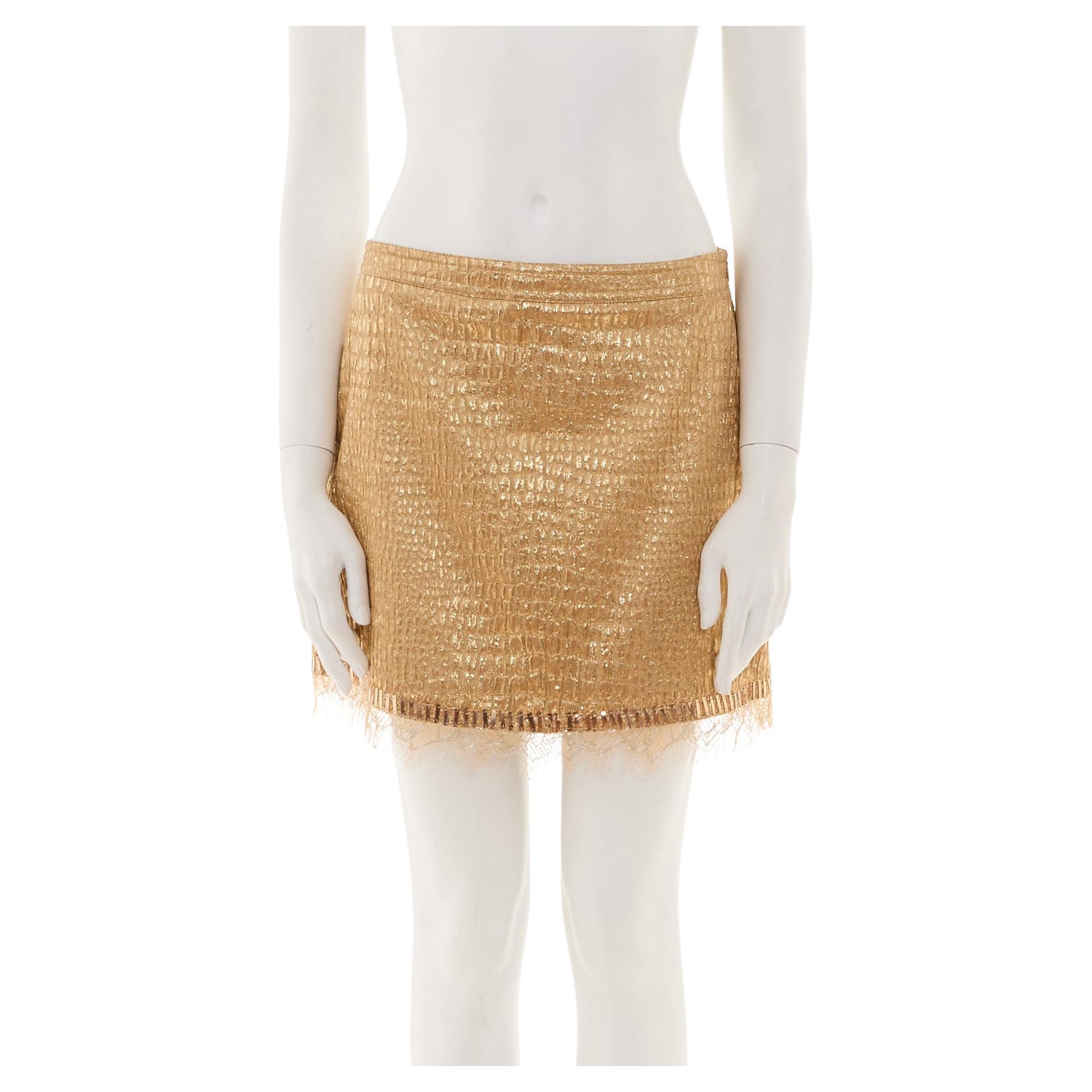 Blumarine Early 2000s Gold Croco Mini Skirt with Lace Details in vendita