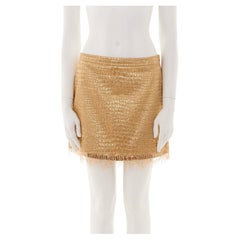 Blumarine Early 2000s Gold Croco Mini Skirt with Lace Details
