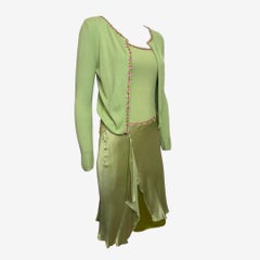 Blumarine Early 2000s Pistachio Green Floral-Embellished Knit And Satin Three-Piece Ensemble