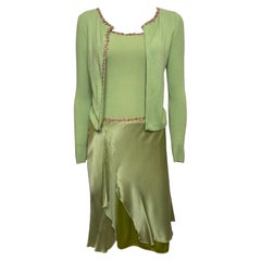 Blumarine Early 2000s Pistachio Green Floral-Embellished Knit And Satin Three-Piece Ensemble