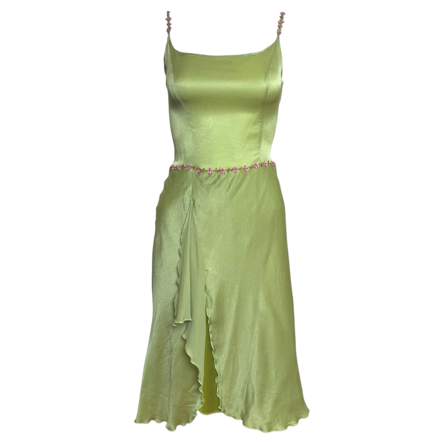 Blumarine Early 2000s Silk Satin Slip Dress with Floral Embellishments