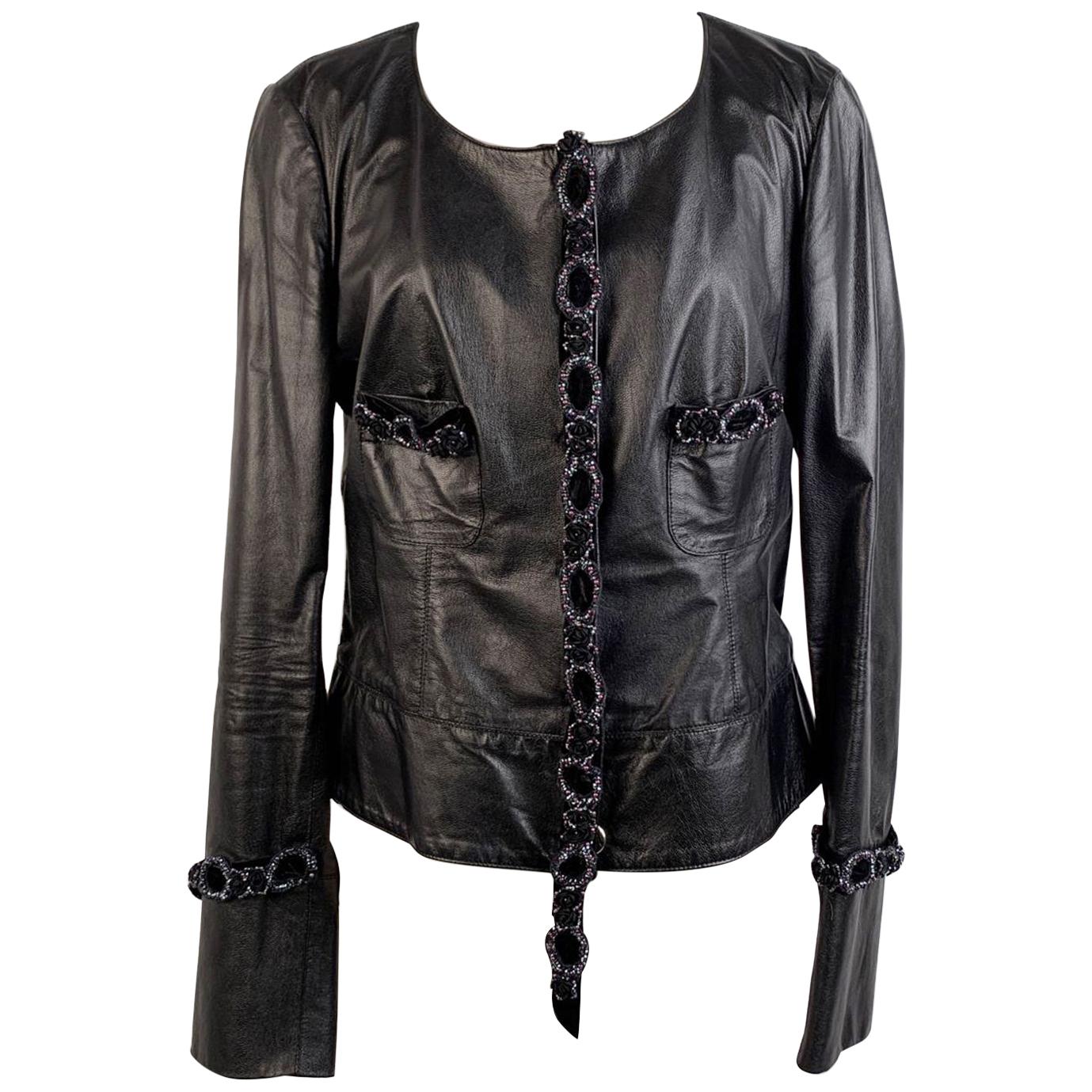 Blumarine Embellished Black Leather Jacket Size 46