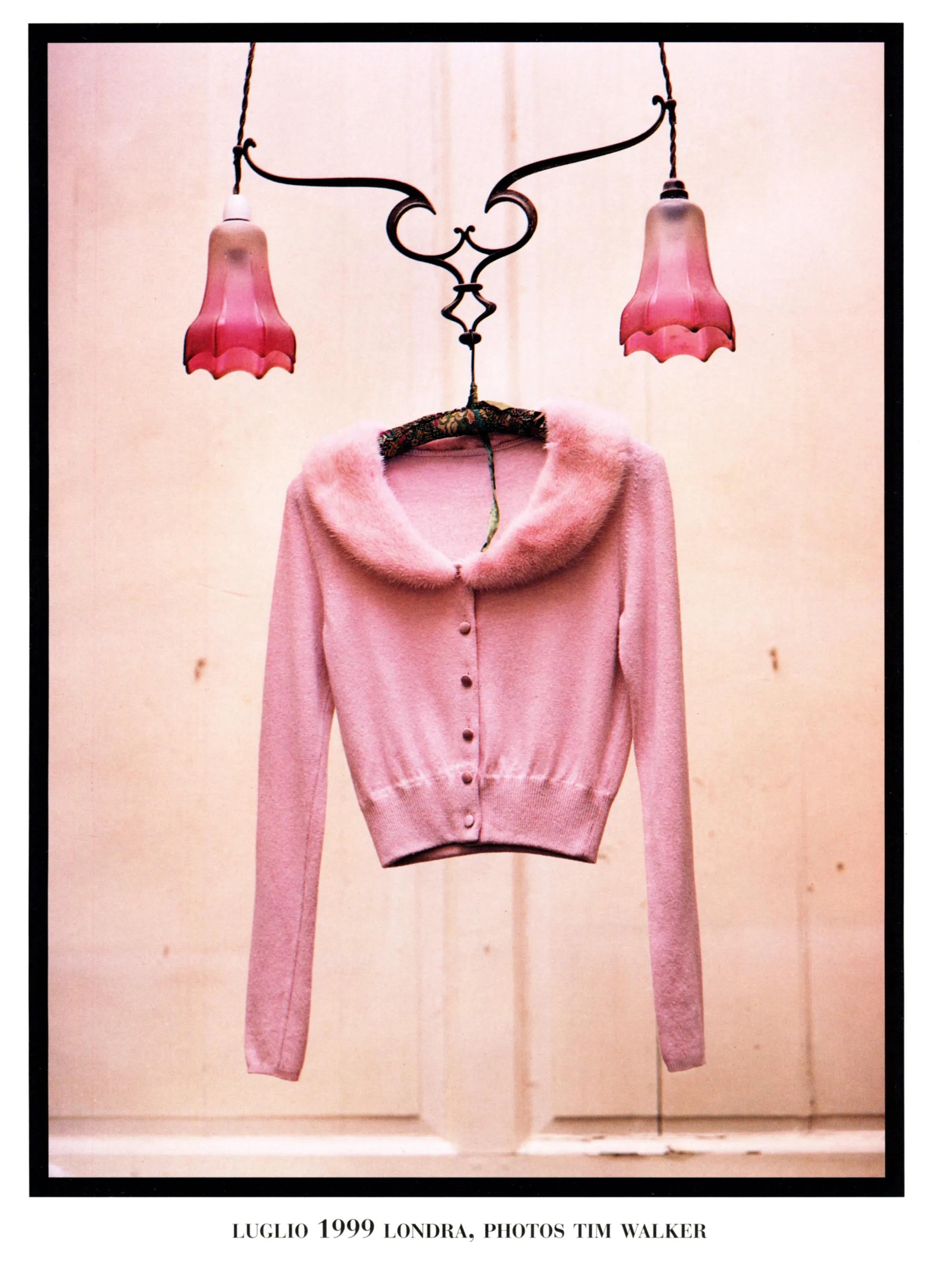 Blumarine F/W 1999 Conjunto de chaqueta de punto de piel rosa y falda de gasa floral Beige