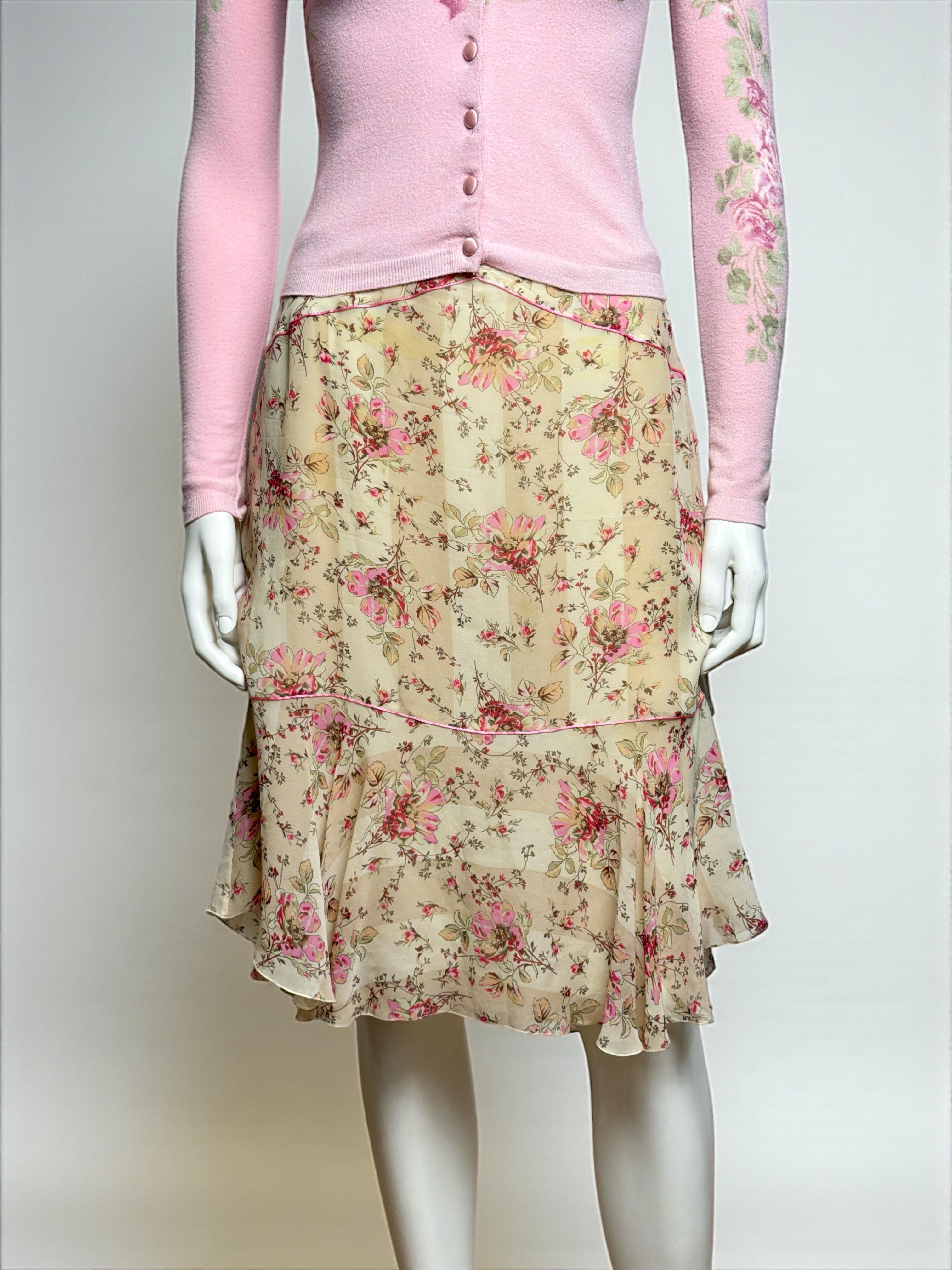 De las mujeres Blumarine F/W 1999 Conjunto de chaqueta de punto de piel rosa y falda de gasa floral