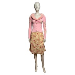 Blumarine F/W 1999 Pink Fur-Trim Cardigan and Floral Chiffon Skirt Ensemble