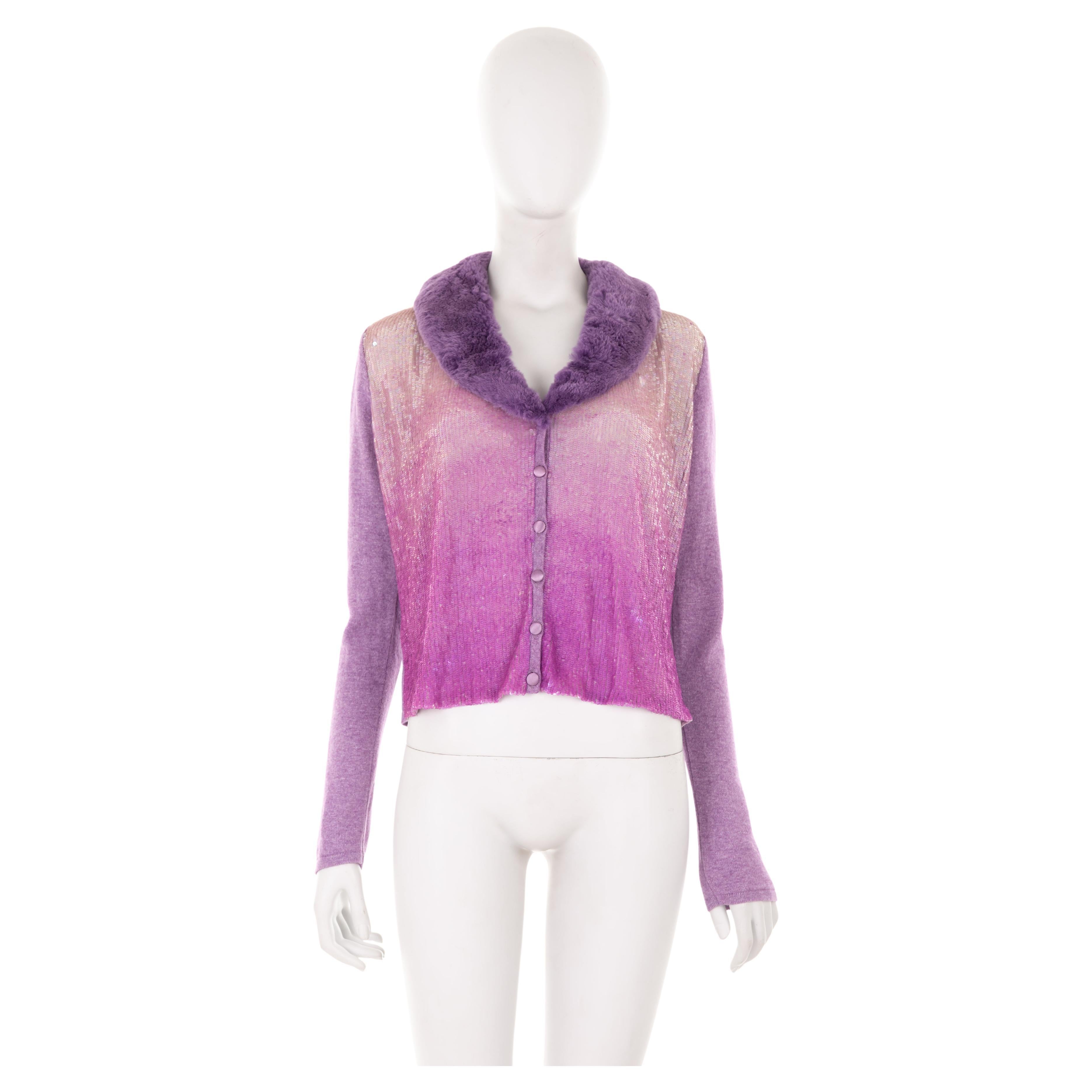 Blumarine F/W 2000 cardigan en laine violette avec paillettes dégradées en vente