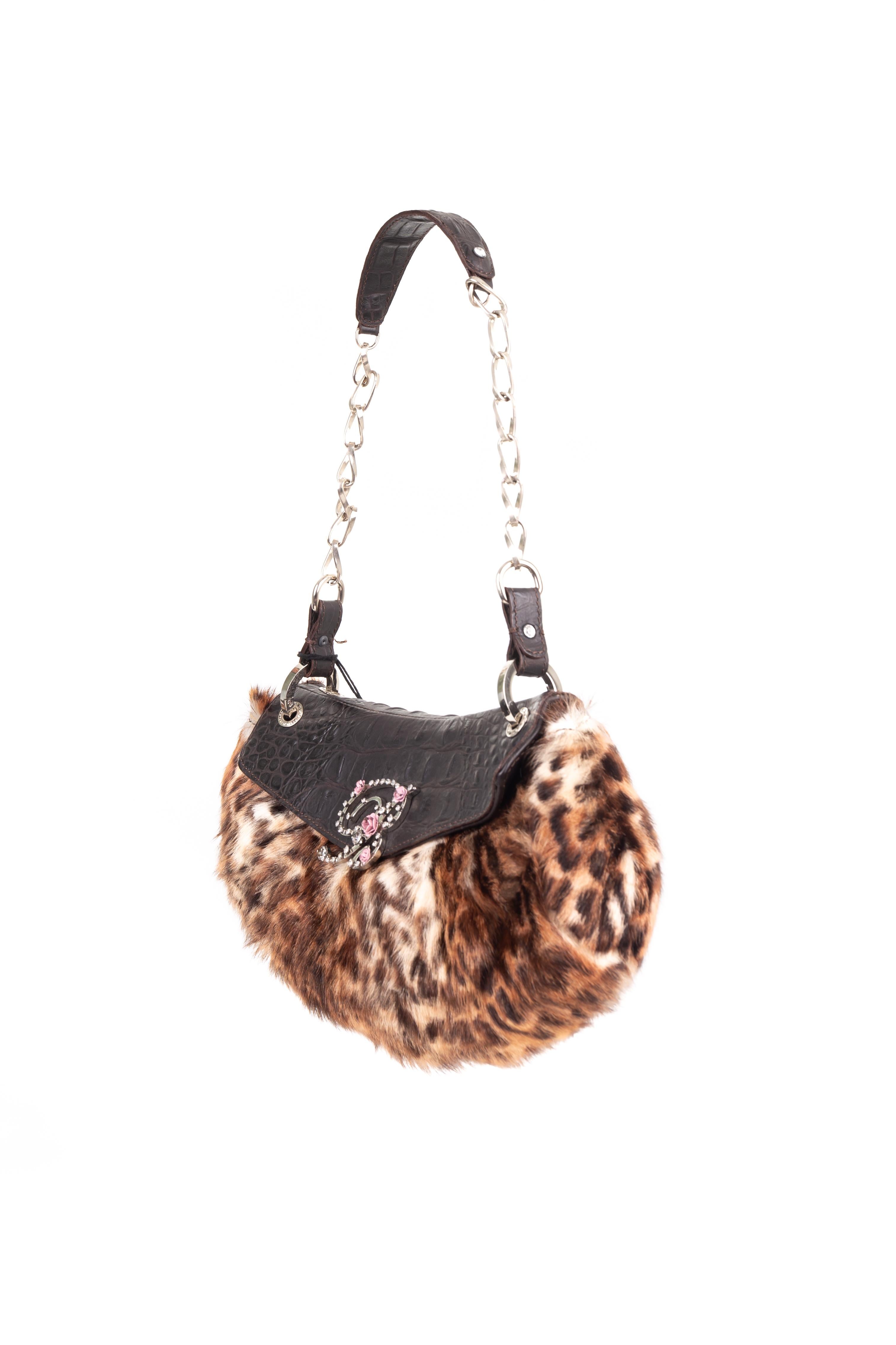 - Blumarine by Anna Molinari
- Fall Winter 2004 collection
- Brown Hobo shoulder bag 
- Cheetah print Rabbit fur
- Brown leather croc-embossed closure flap
- Front silver logo with Rose appliqués and rhinestones
- New with tags 

31 cm x 17 cm