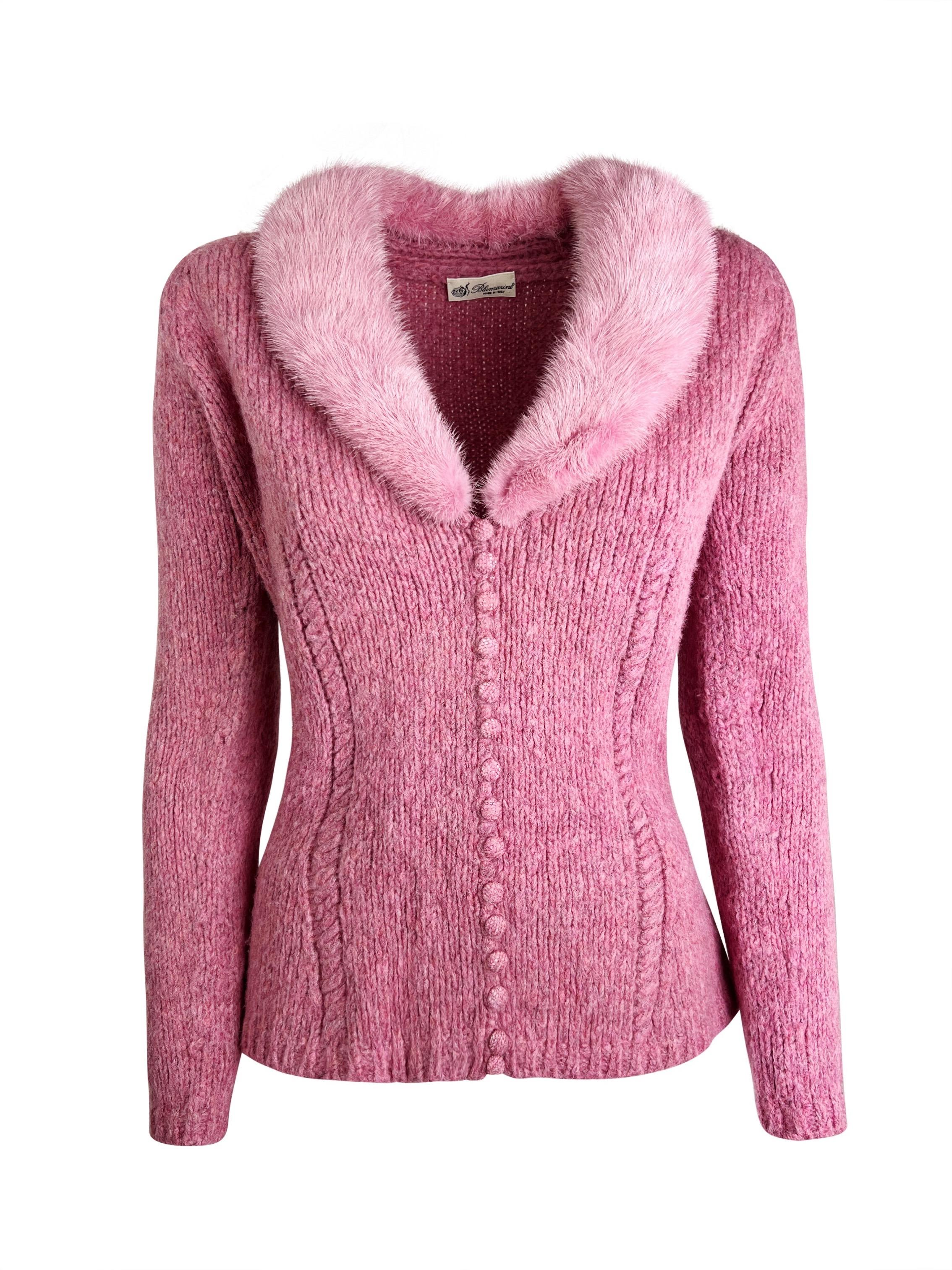Pink Blumarine Fall 2003 Mink Fur Collar Cardigan For Sale