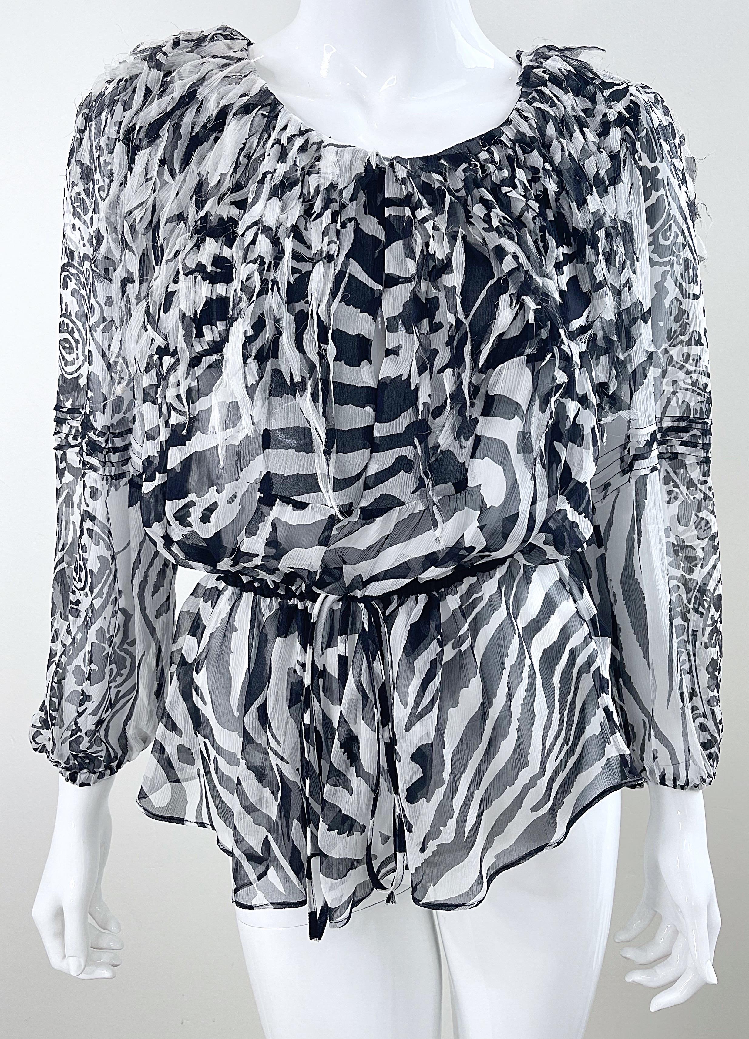 Blumarine Fall 2010 Zebra Print Black and White Fringe Silk Chiffon Blouse Top For Sale 6