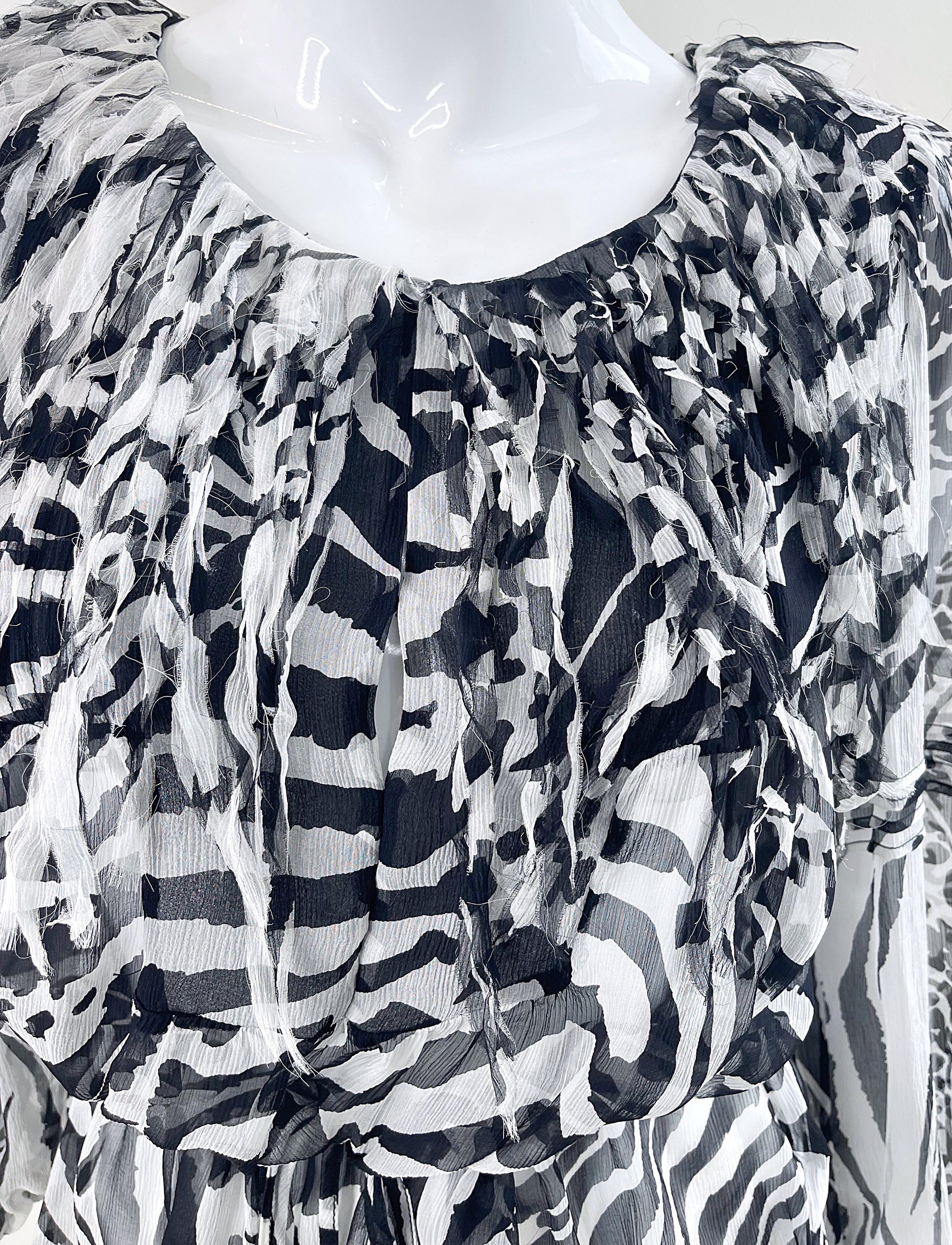 Blumarine Fall 2010 Zebra Print Black and White Fringe Silk Chiffon Blouse Top For Sale 8