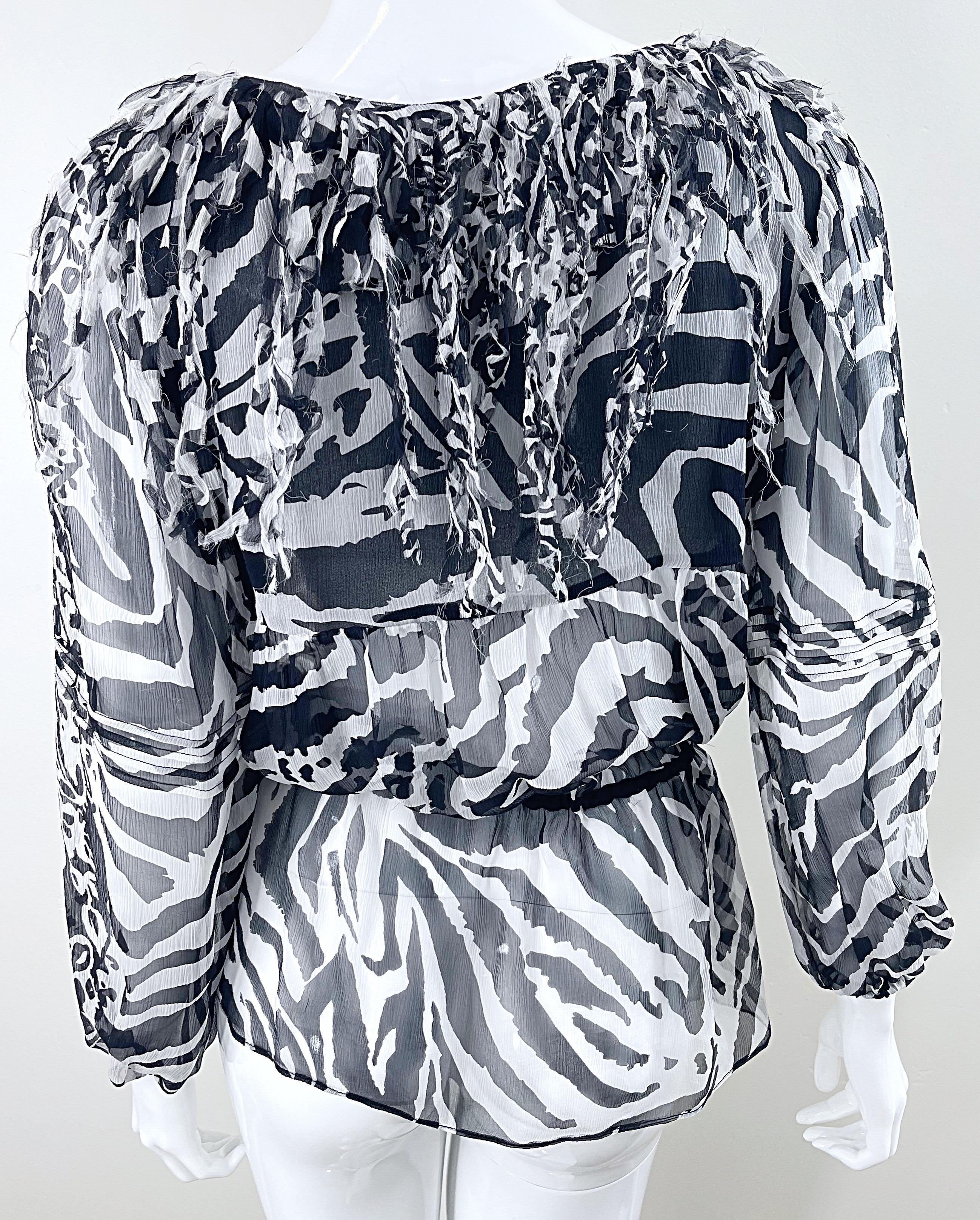 Blumarine Fall 2010 Zebra Print Black and White Fringe Silk Chiffon Blouse Top For Sale 10