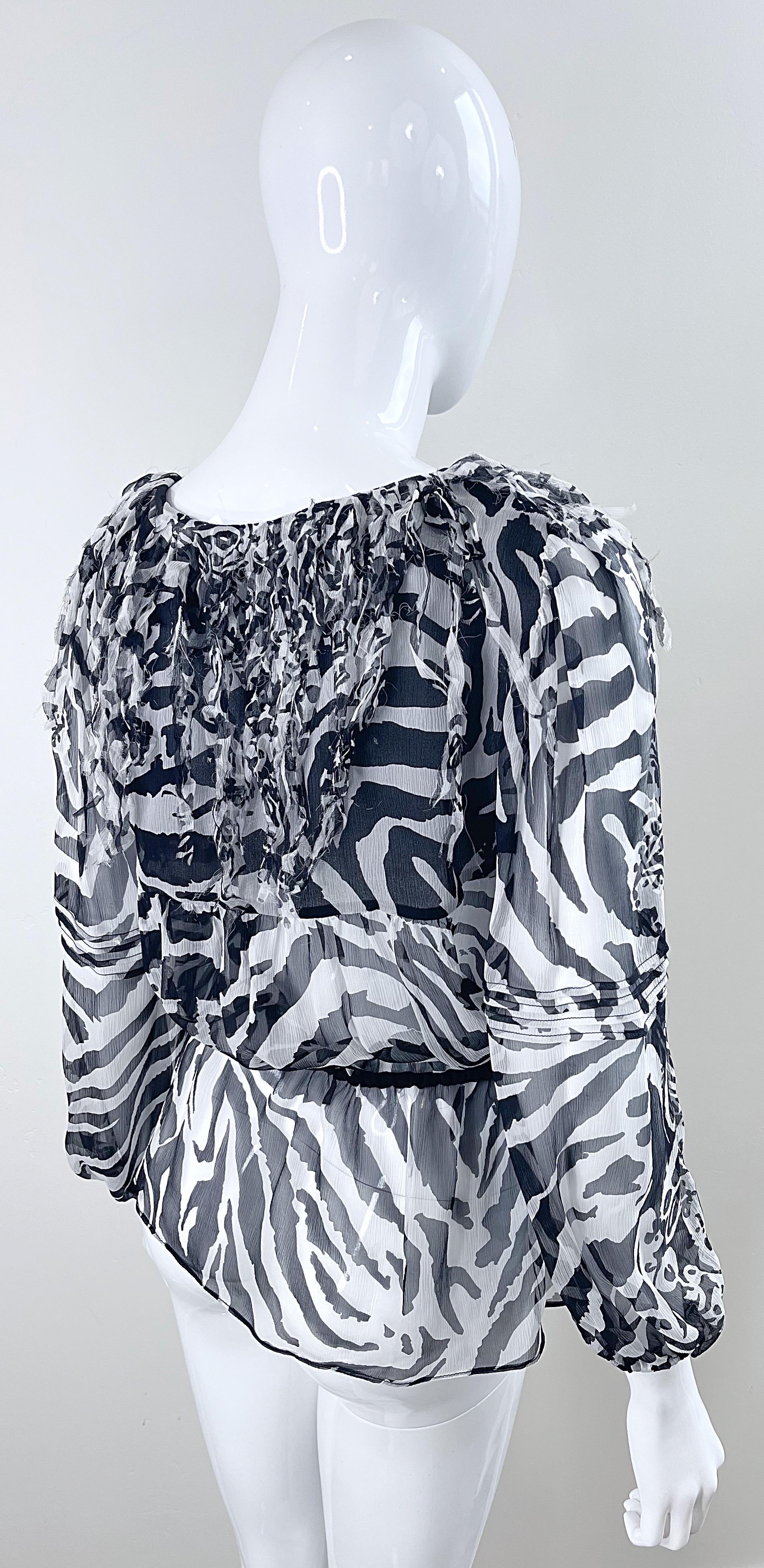 Blumarine Fall 2010 Zebra Print Black and White Fringe Silk Chiffon Blouse Top For Sale 13