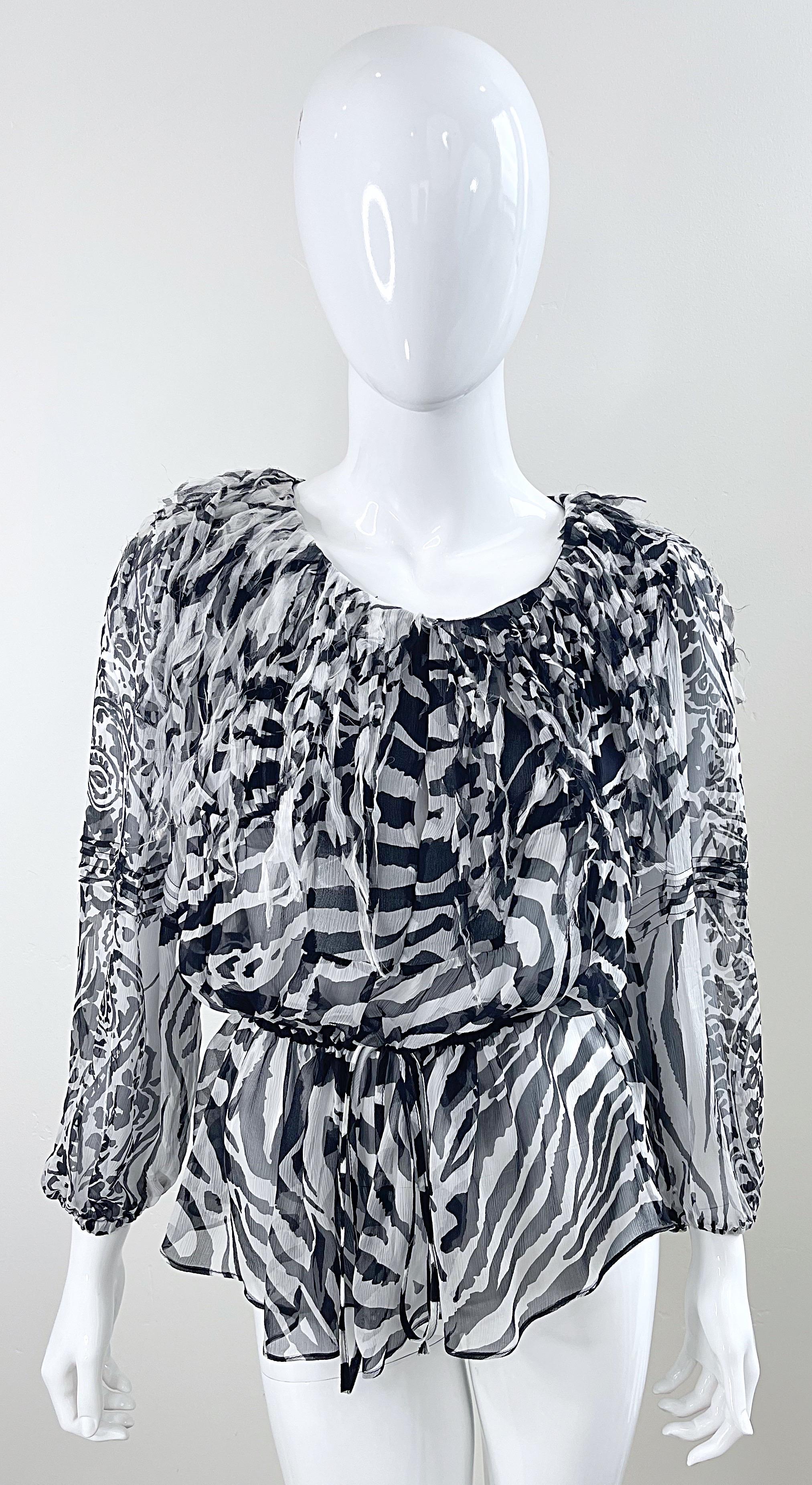 Blumarine Fall 2010 Zebra Print Black and White Fringe Silk Chiffon Blouse Top For Sale 14