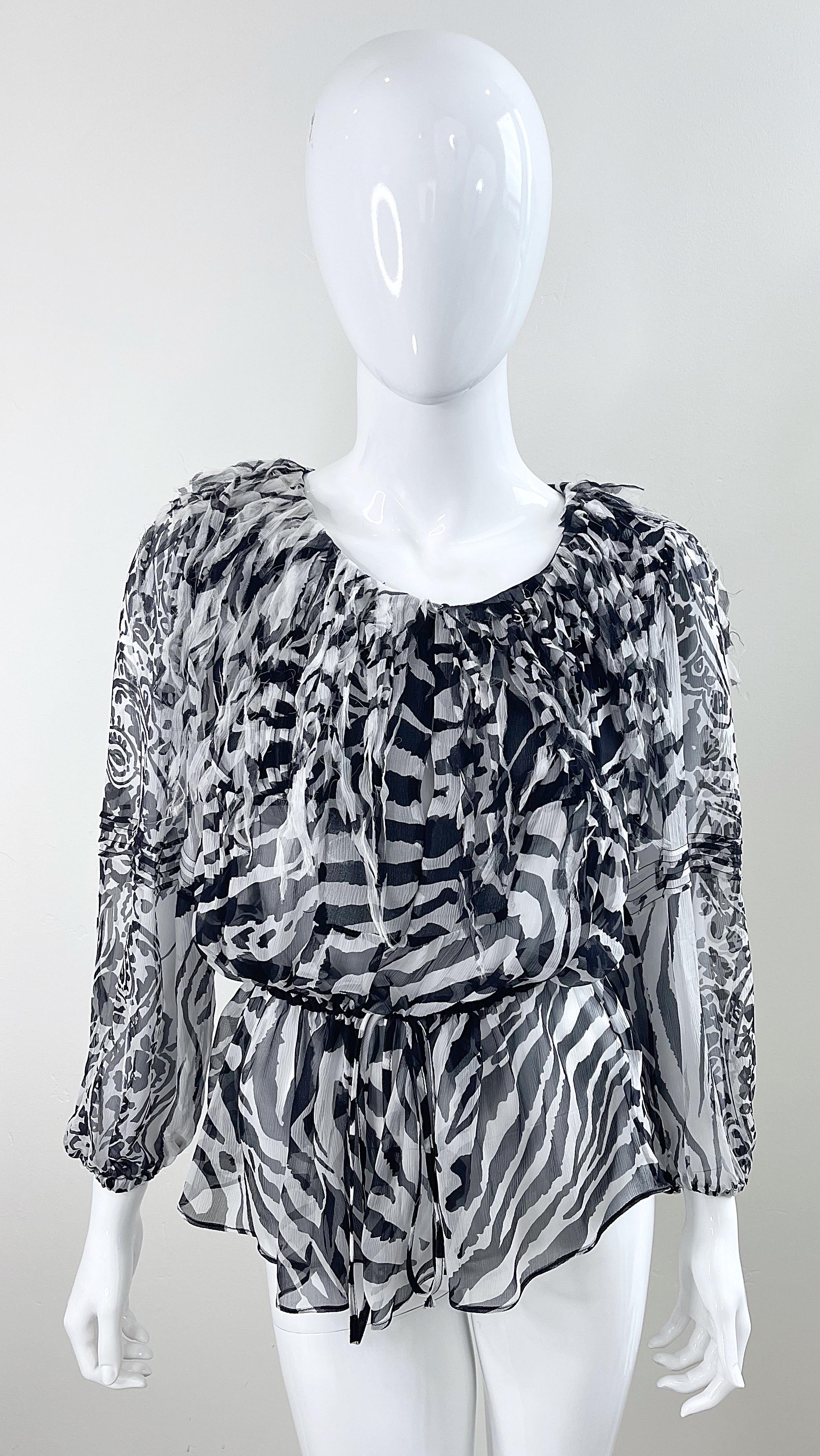 Blumarine Fall 2010 Zebra Print Black and White Fringe Silk Chiffon Blouse Top In Excellent Condition For Sale In San Diego, CA