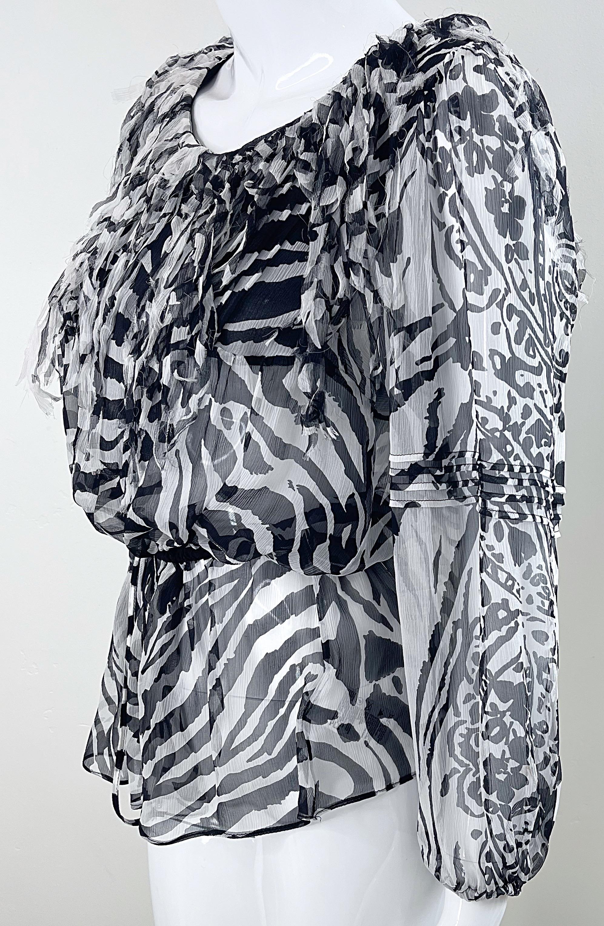 Blumarine Fall 2010 Zebra Print Black and White Fringe Silk Chiffon Blouse Top For Sale 1
