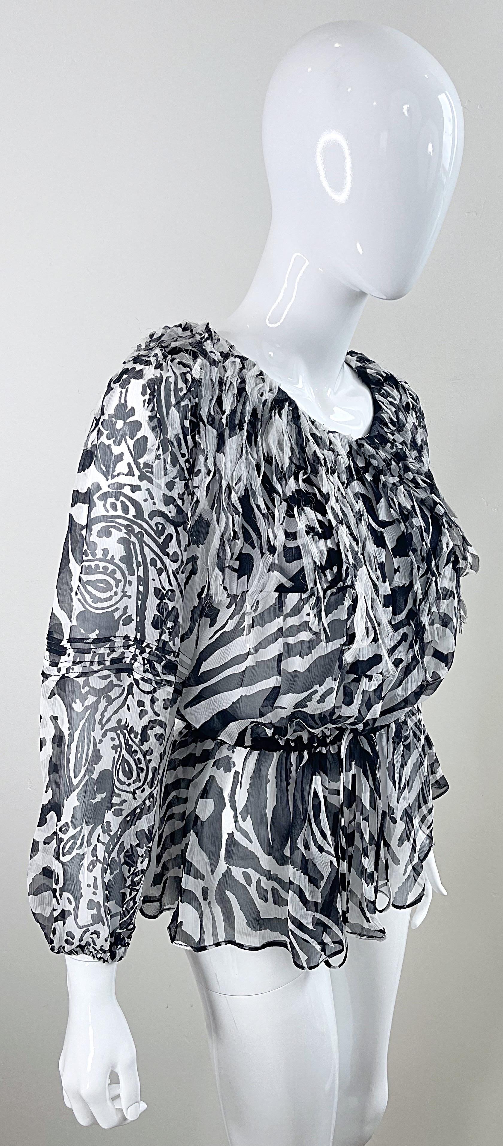 Blumarine Fall 2010 Zebra Print Black and White Fringe Silk Chiffon Blouse Top For Sale 2