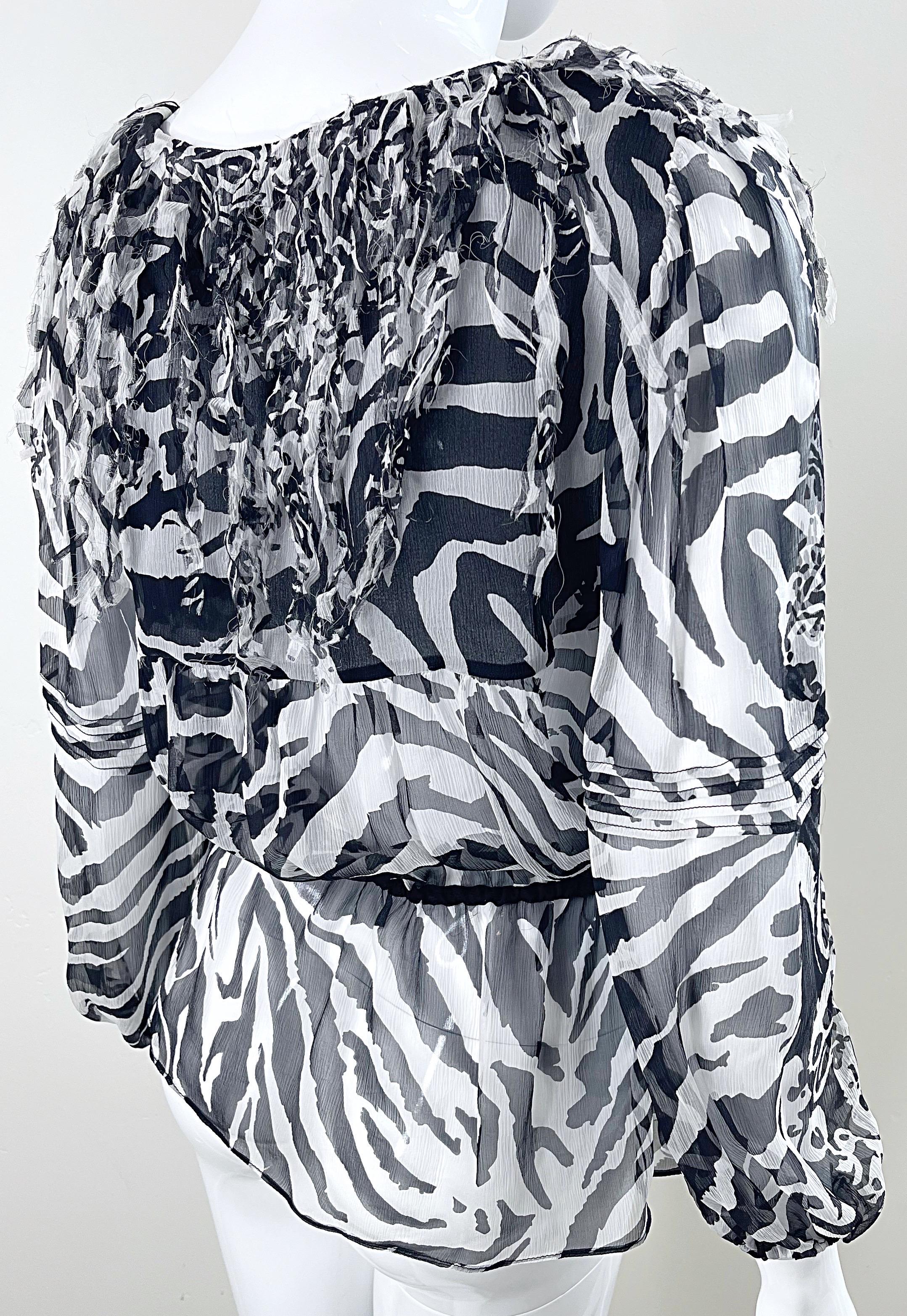 Blumarine Fall 2010 Zebra Print Black and White Fringe Silk Chiffon Blouse Top For Sale 4