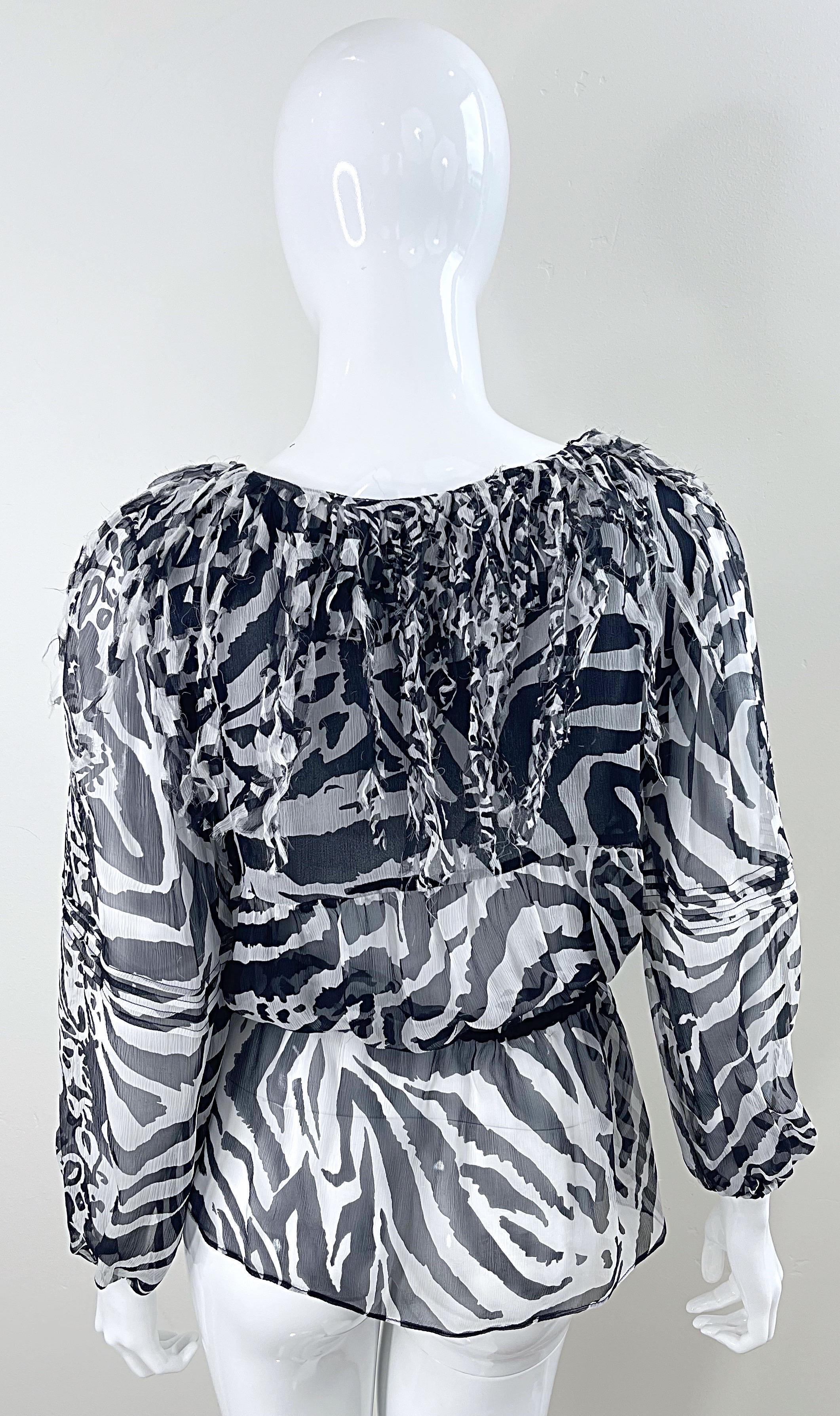 Blumarine Fall 2010 Zebra Print Black and White Fringe Silk Chiffon Blouse Top For Sale 5