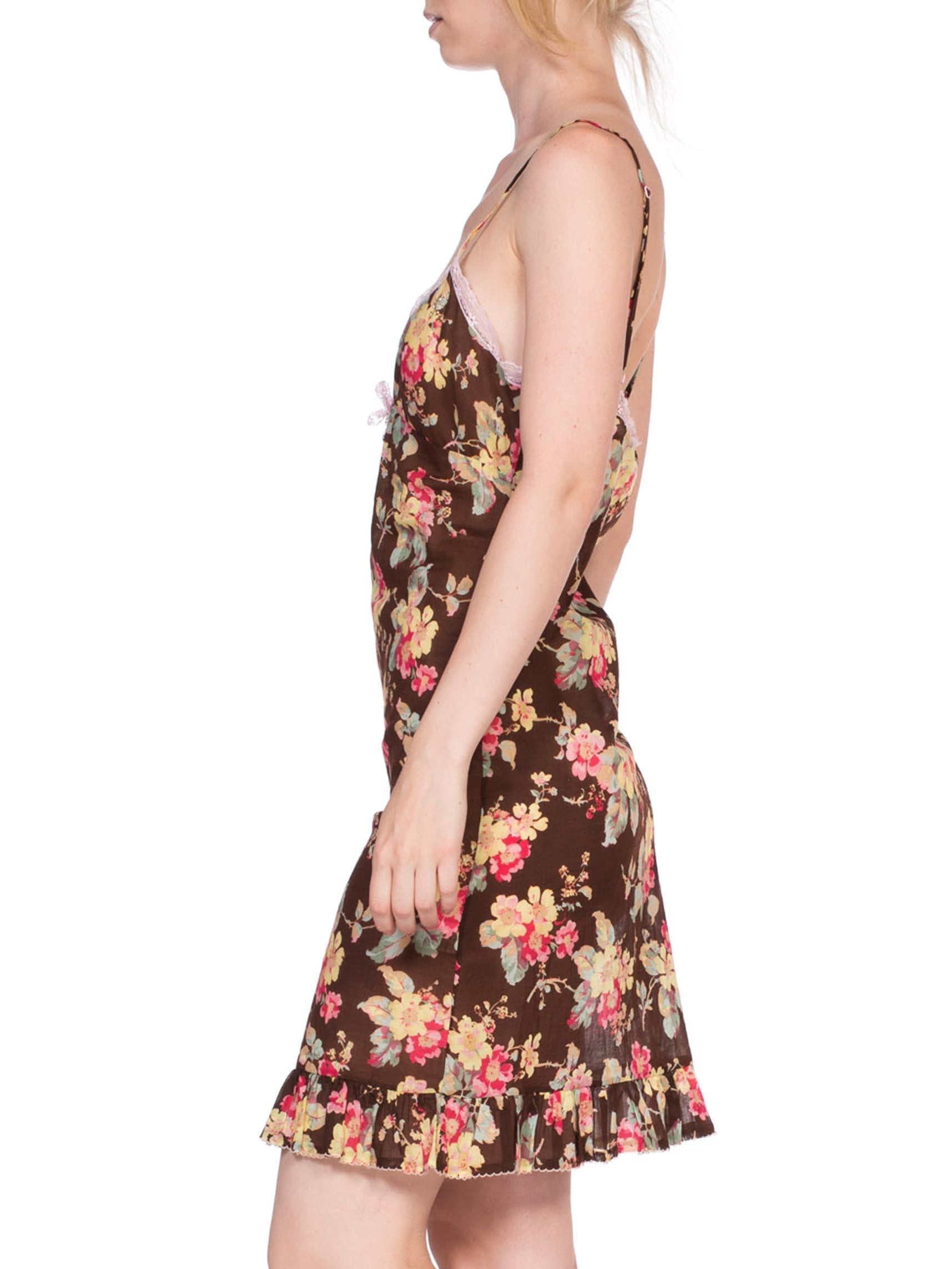1990'S BLUEMARINE Floral Printed Cotton & Lace Slip Dress In Excellent Condition In New York, NY