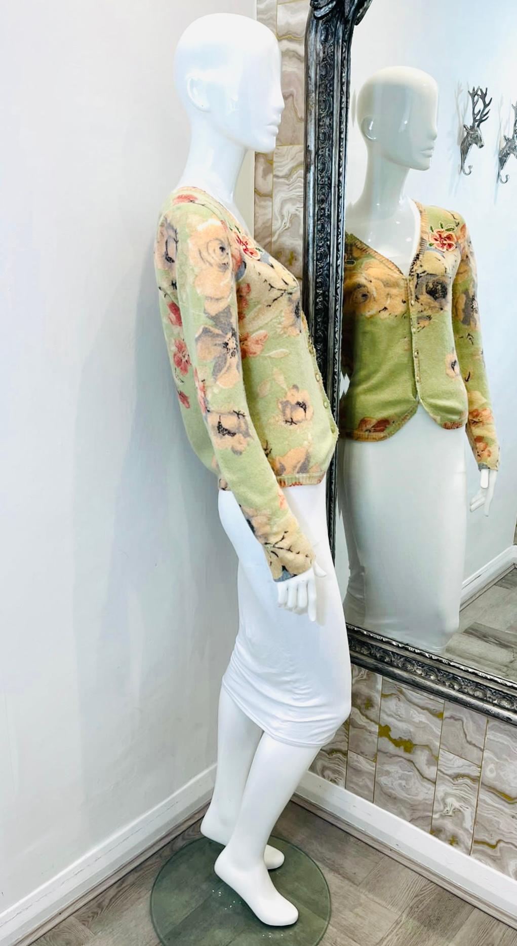 Beige Blumarine Floral Embroidered Wool & Angora Cardigan For Sale