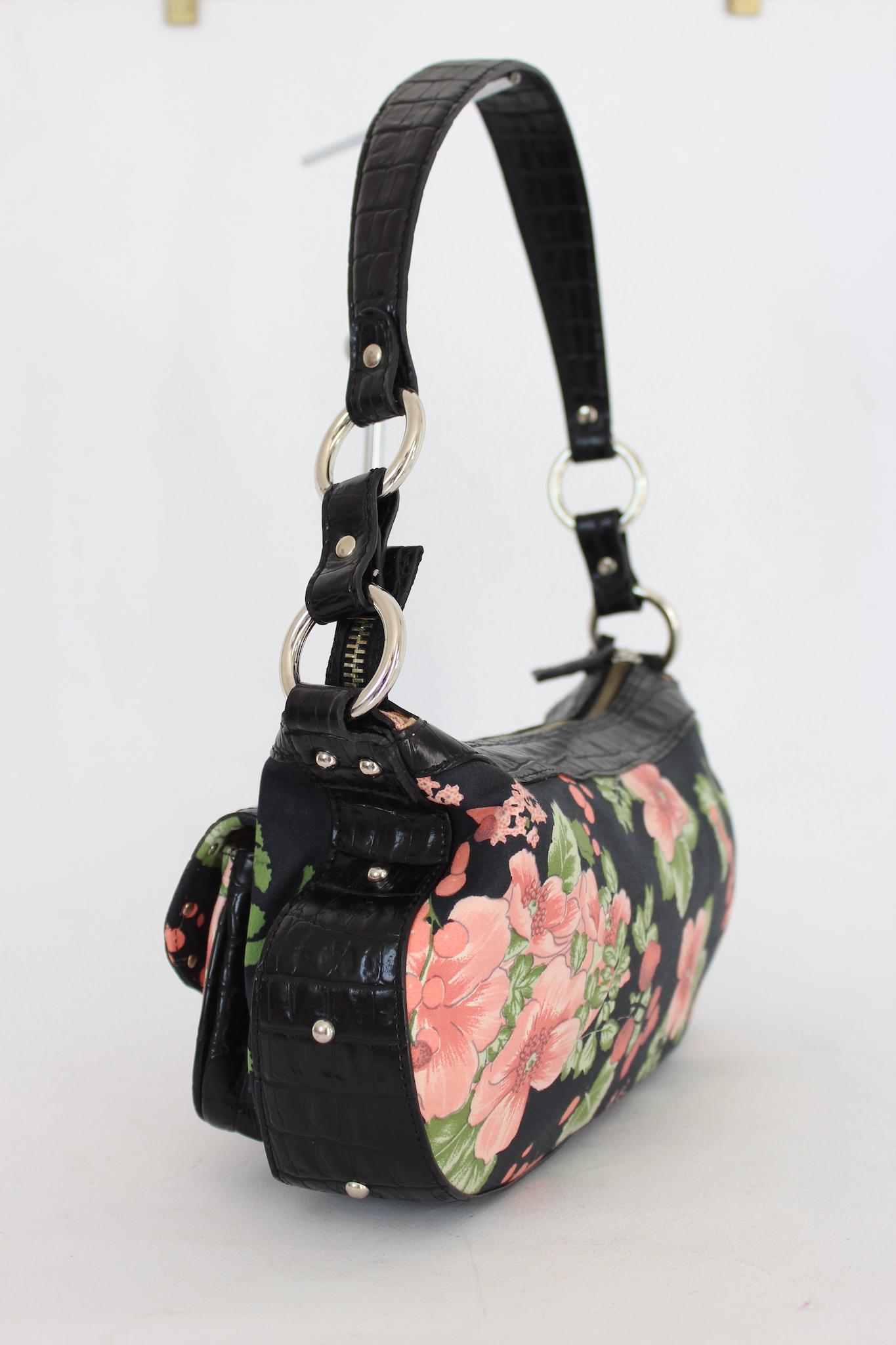 Blumarine Floral Pink Black Leather Shoulder Bag In Excellent Condition In Brindisi, Bt