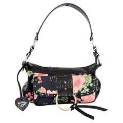 Blumarine Floral Pink Black Leather Shoulder Bag