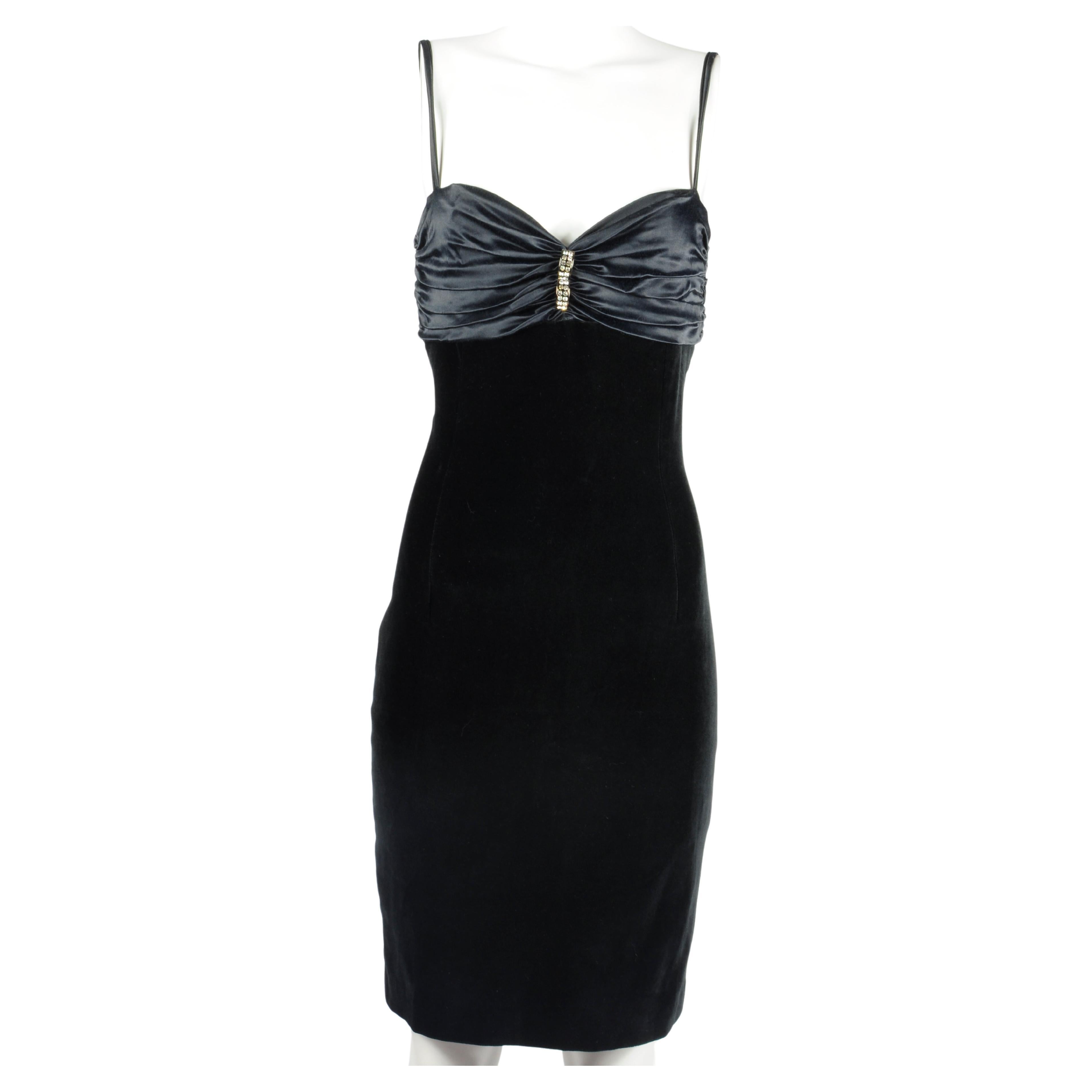 Blumarine Folies Satin and Velvet Cocktail Dress Ruched Top Glitter Detail 1990s For Sale