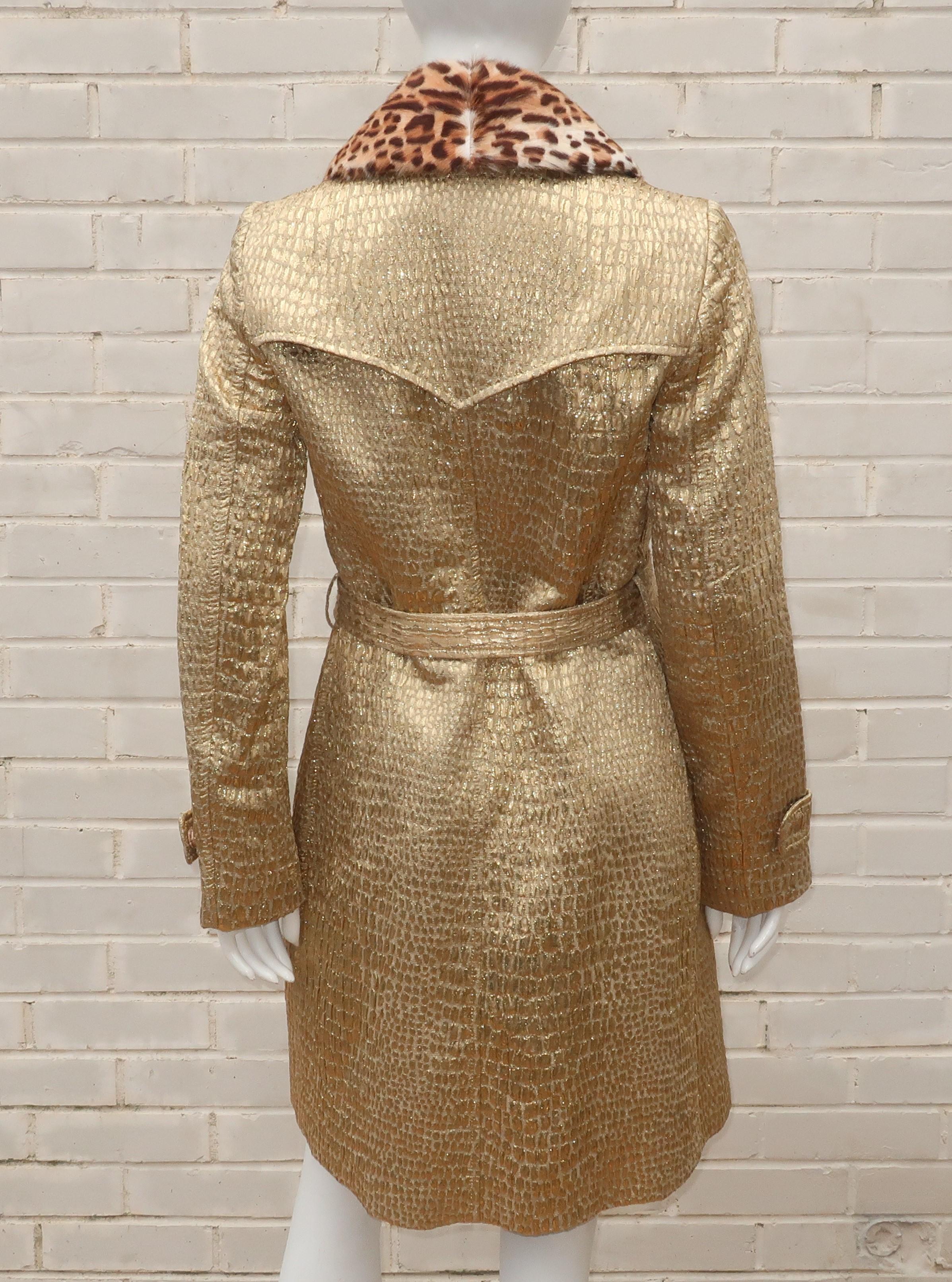 Blumarine Gold Lamé Trench Coat With Faux Leopard Collar 5