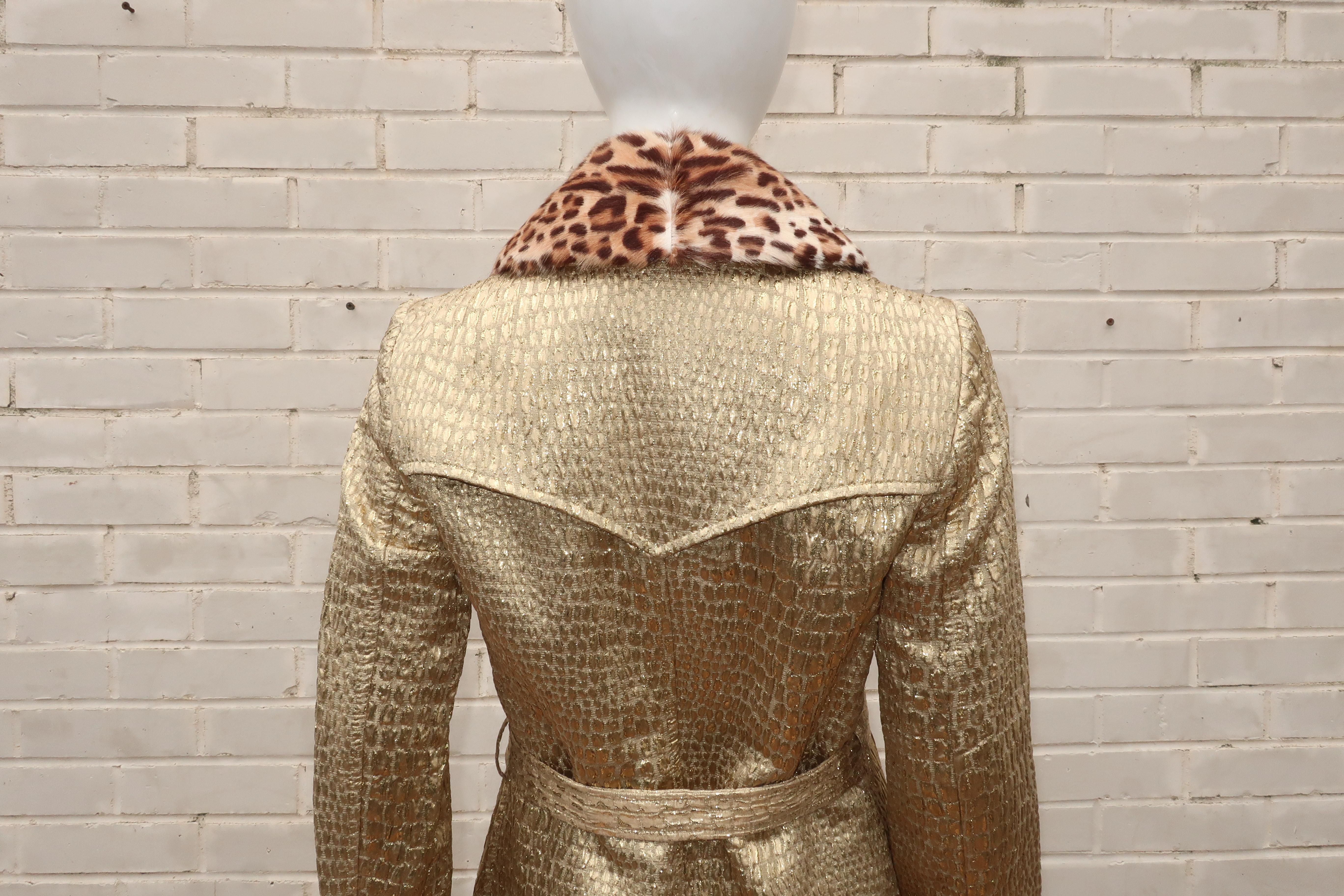 Blumarine Gold Lamé Trench Coat With Faux Leopard Collar 6