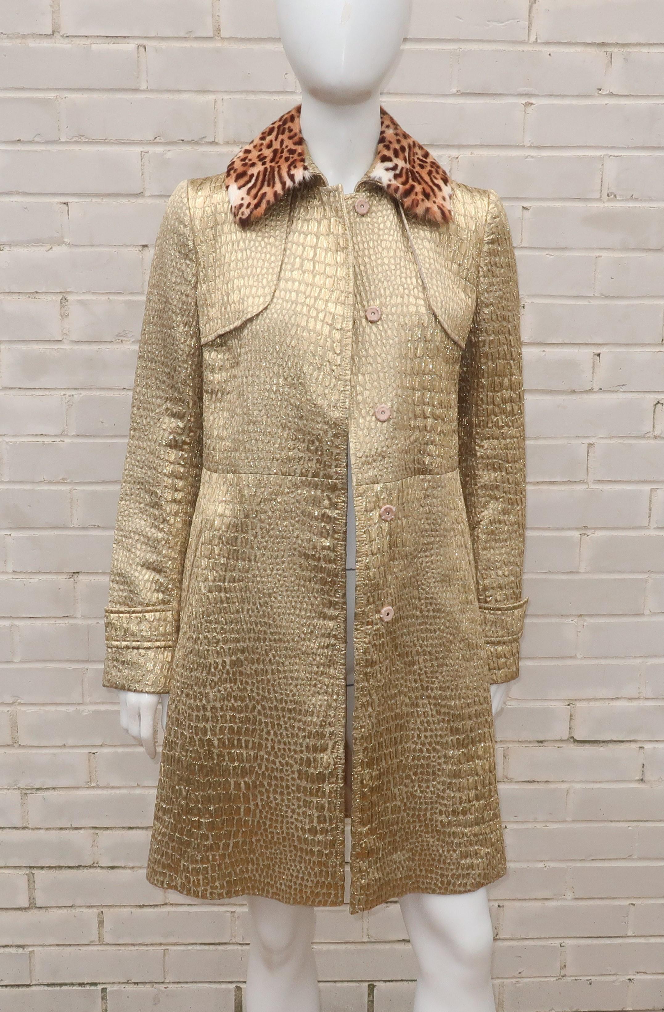 Blumarine Gold Lamé Trench Coat With Faux Leopard Collar 7