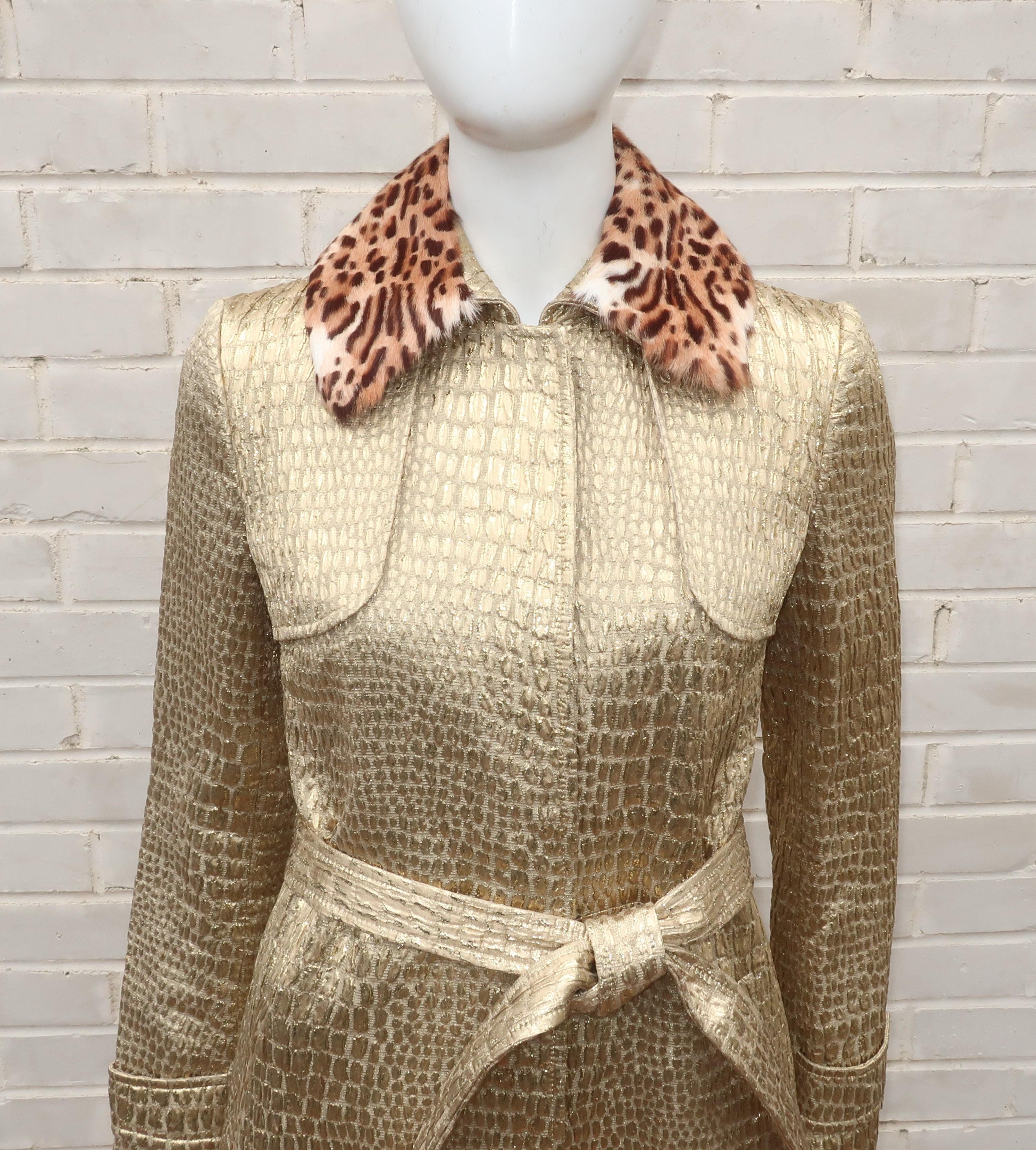 Brown Blumarine Gold Lamé Trench Coat With Faux Leopard Collar