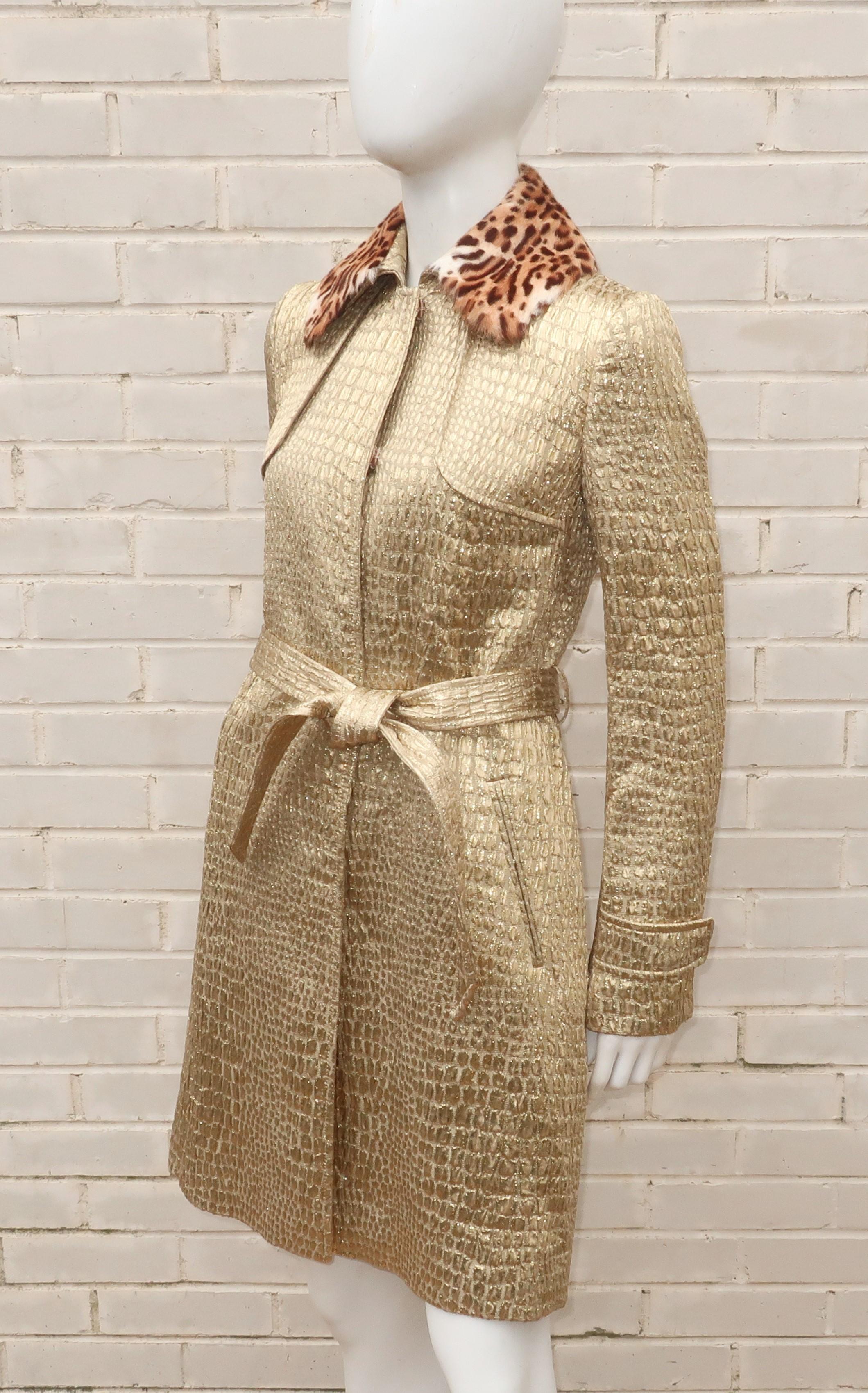Blumarine Gold Lamé Trench Coat With Faux Leopard Collar 2