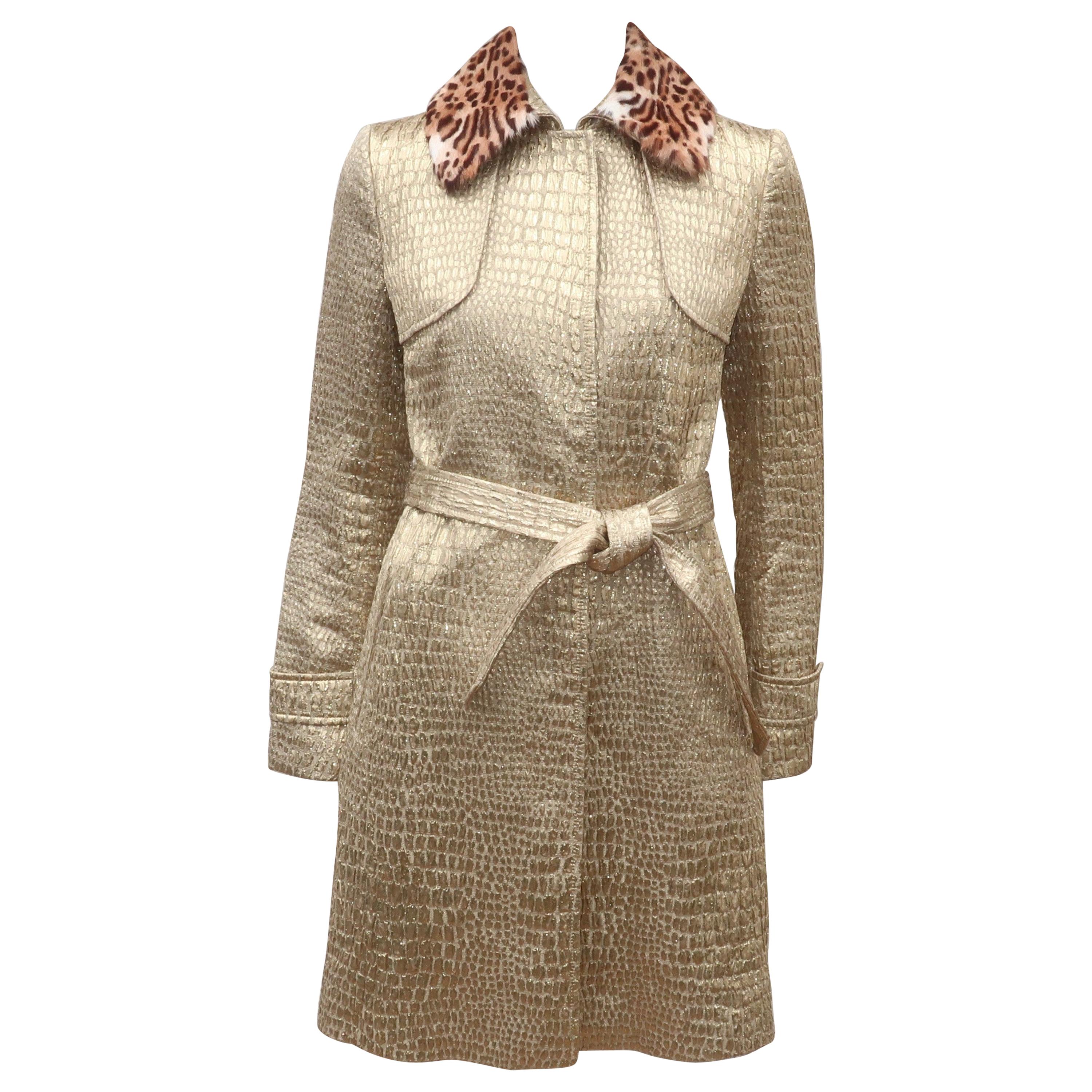 Blumarine Gold Lamé Trench Coat With Faux Leopard Collar