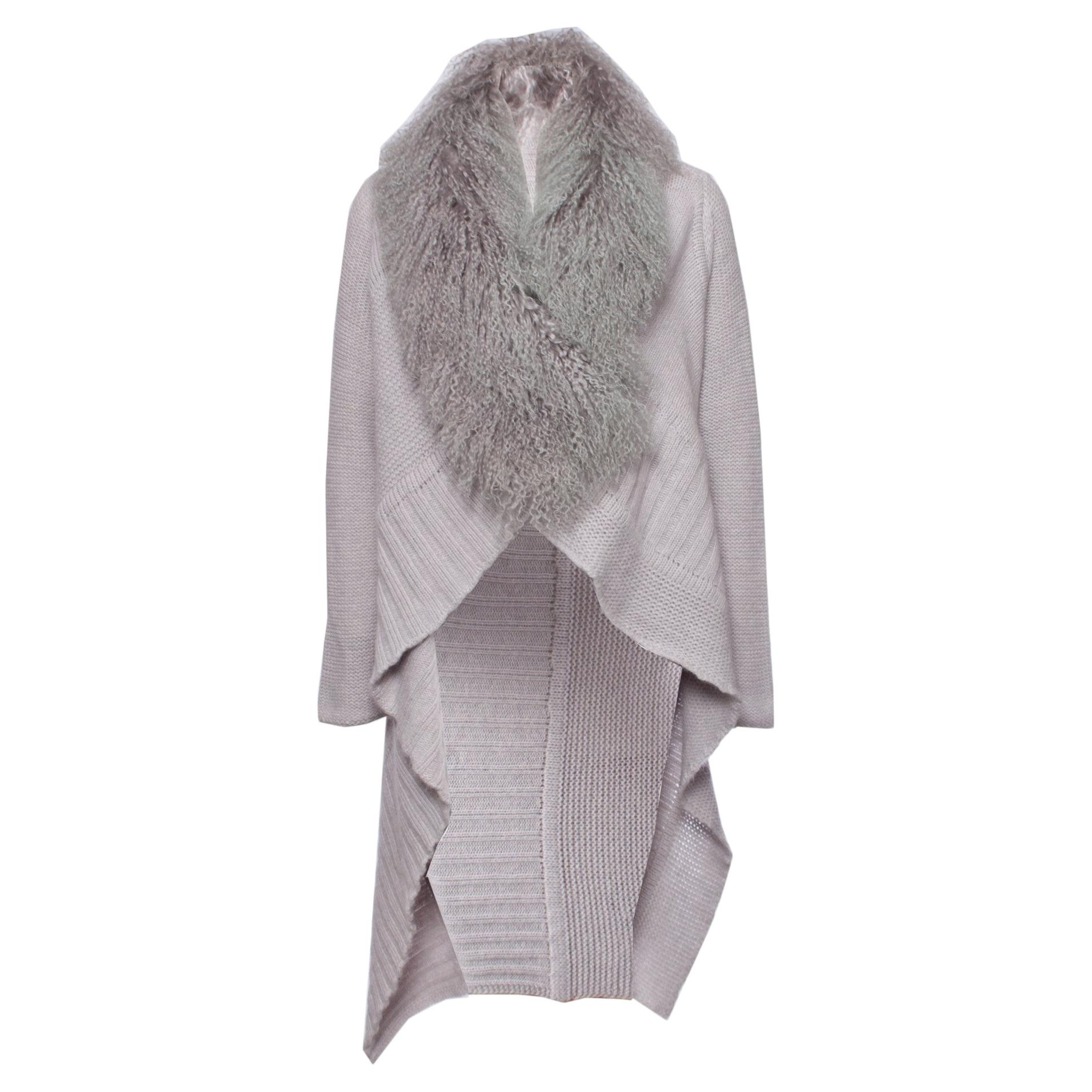 Blumarine, Gray woolen cardigan with fur collar.