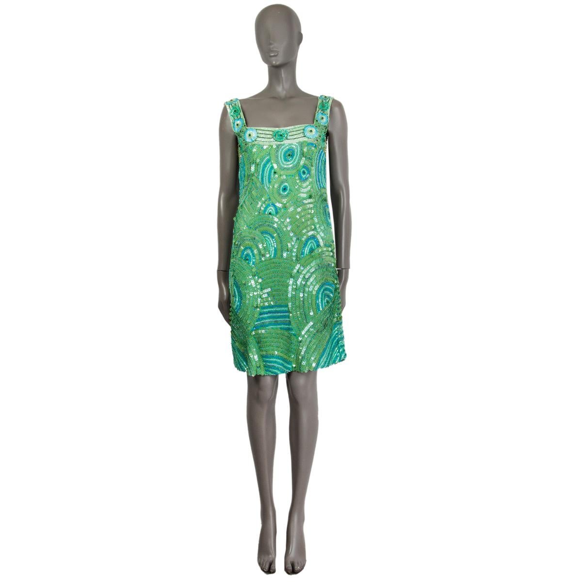 100% authentic Blumarine sleeveless peacock-sequins shift dress in chartreuse, blue and emerald polyester (100%) with a square neck. Closes on the side with a concealed zipper. Lined in viscose (100%). Has been worn and is in excellent