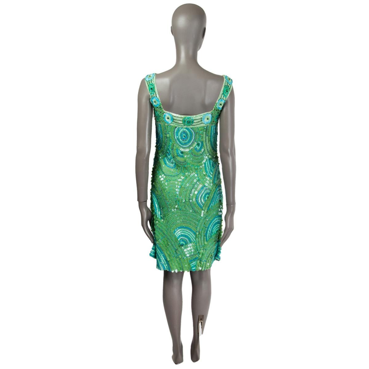 BLUMARINE Grünes SEQUIN PEACOCK-FEATHER SHIFT-Kleid 44 L Damen im Angebot