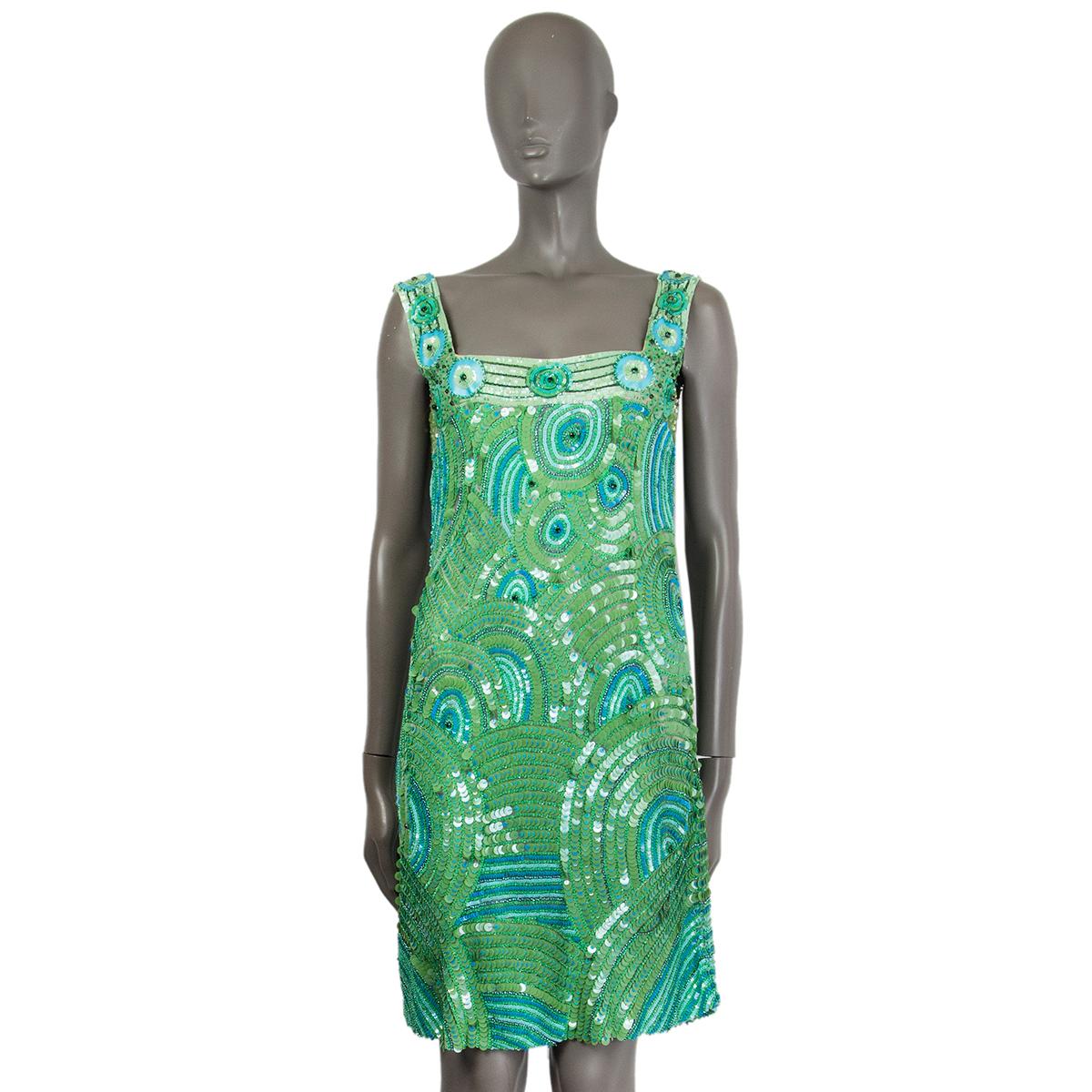 BLUMARINE Grünes SEQUIN PEACOCK-FEATHER SHIFT-Kleid 44 L im Angebot 1
