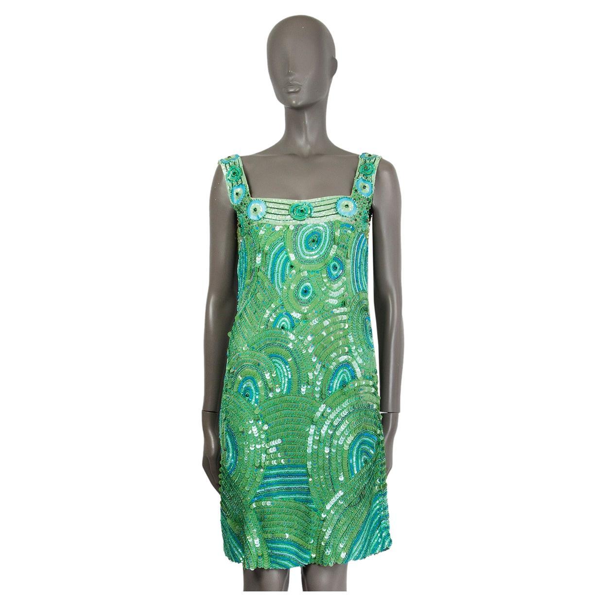 BLUMARINE Grünes SEQUIN PEACOCK-FEATHER SHIFT-Kleid 44 L im Angebot