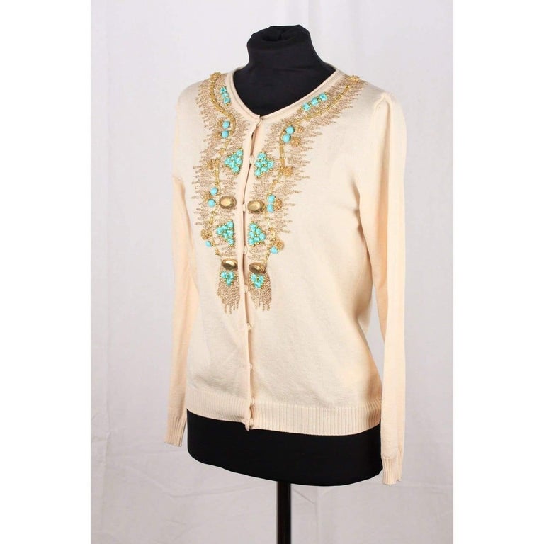 BLUMARINE Ivory Silk Knit EMBROIDERED CARDIGAN Size S For Sale at 1stdibs