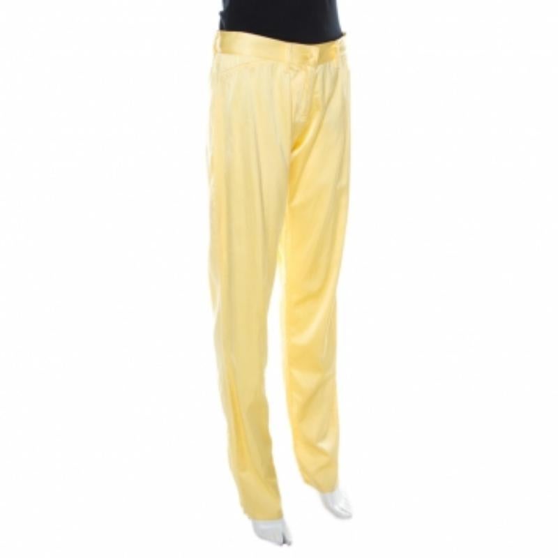 Giallo Blumarine, pantaloni in seta giallo limone dal taglio affusolato e rilassato M. I. in vendita