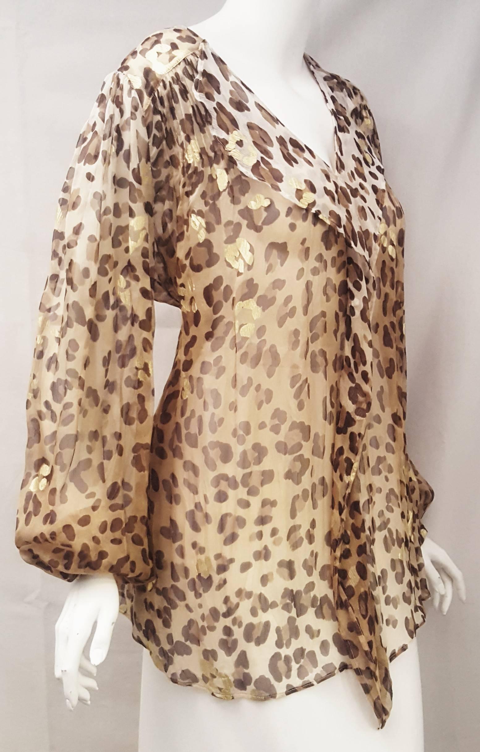 Brown Blumarine Leopard Print Silk Long Sleeve Ruffle Top with Gold Tone Accents For Sale