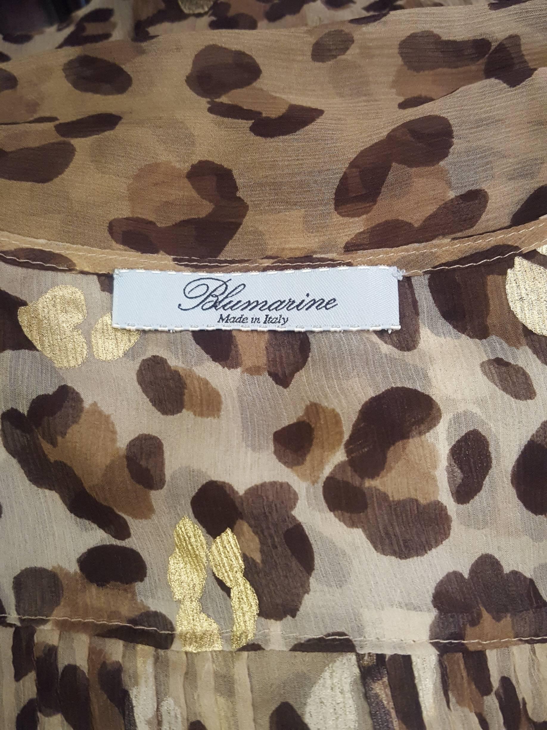 Blumarine Leopard Print Silk Long Sleeve Ruffle Top with Gold Tone Accents In Excellent Condition For Sale In Palm Beach, FL