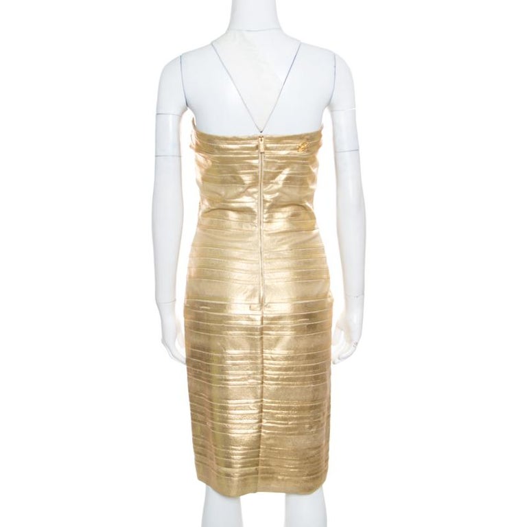 Blumarine Metallic Gold Foil Printed Textured Strapless Bodycon Dress M ...
