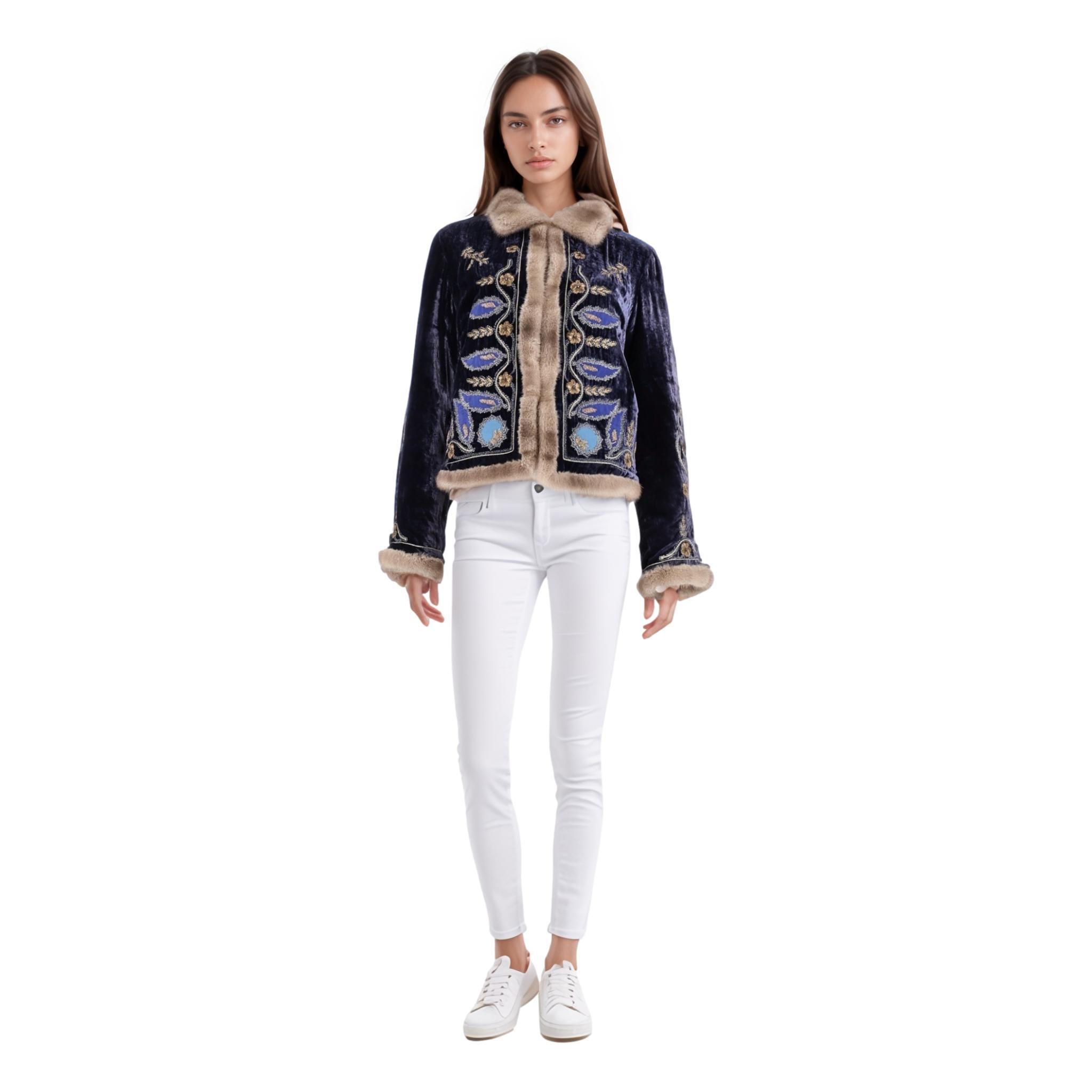 Blumarine Mink, Rabbit Fur & Silk Embroidered Jacket

Russian style velvet navy coat with rabbit fur collar and trims and mink fur lining.

Embellished with metallic thread ornamental embroideries around silk designs.

Rrp Approx £4,500

Size -