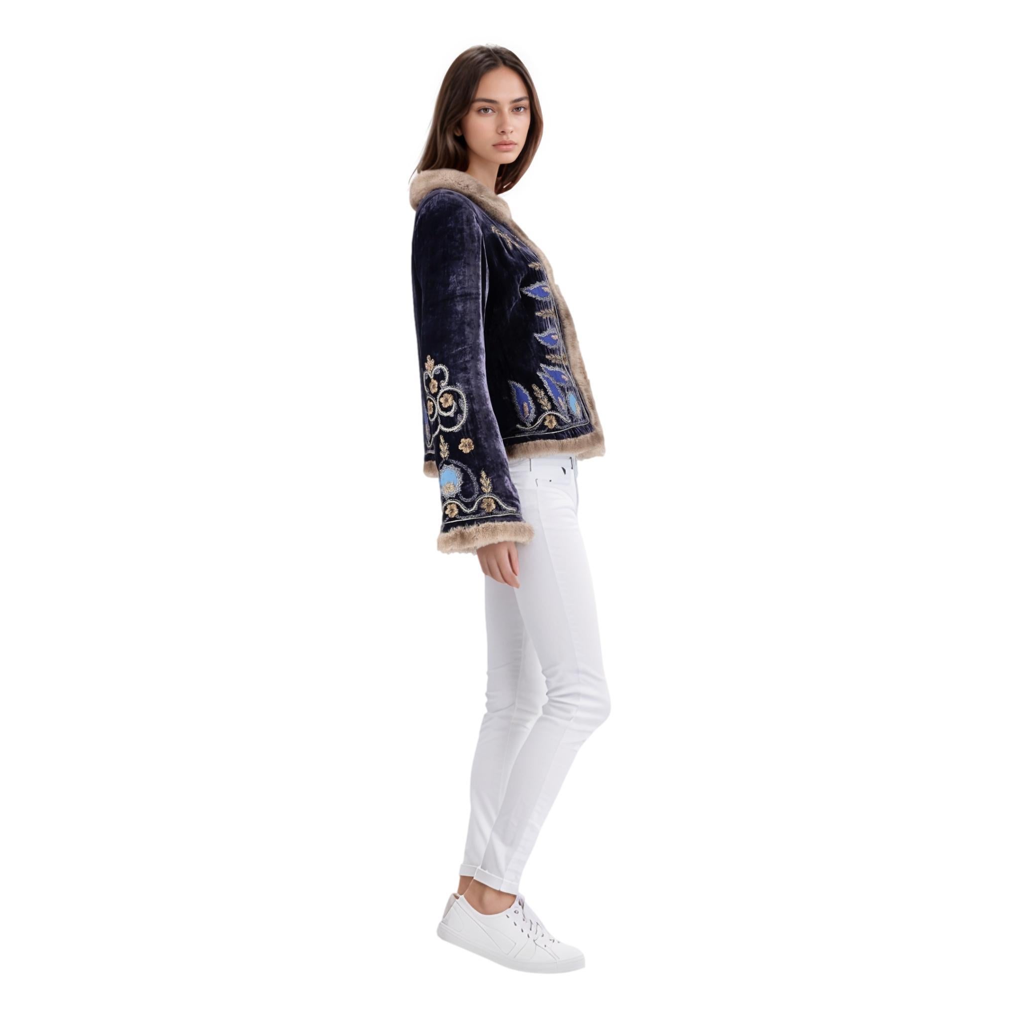 Black Blumarine Mink, Rabbit Fur & Silk Embroidered Jacket