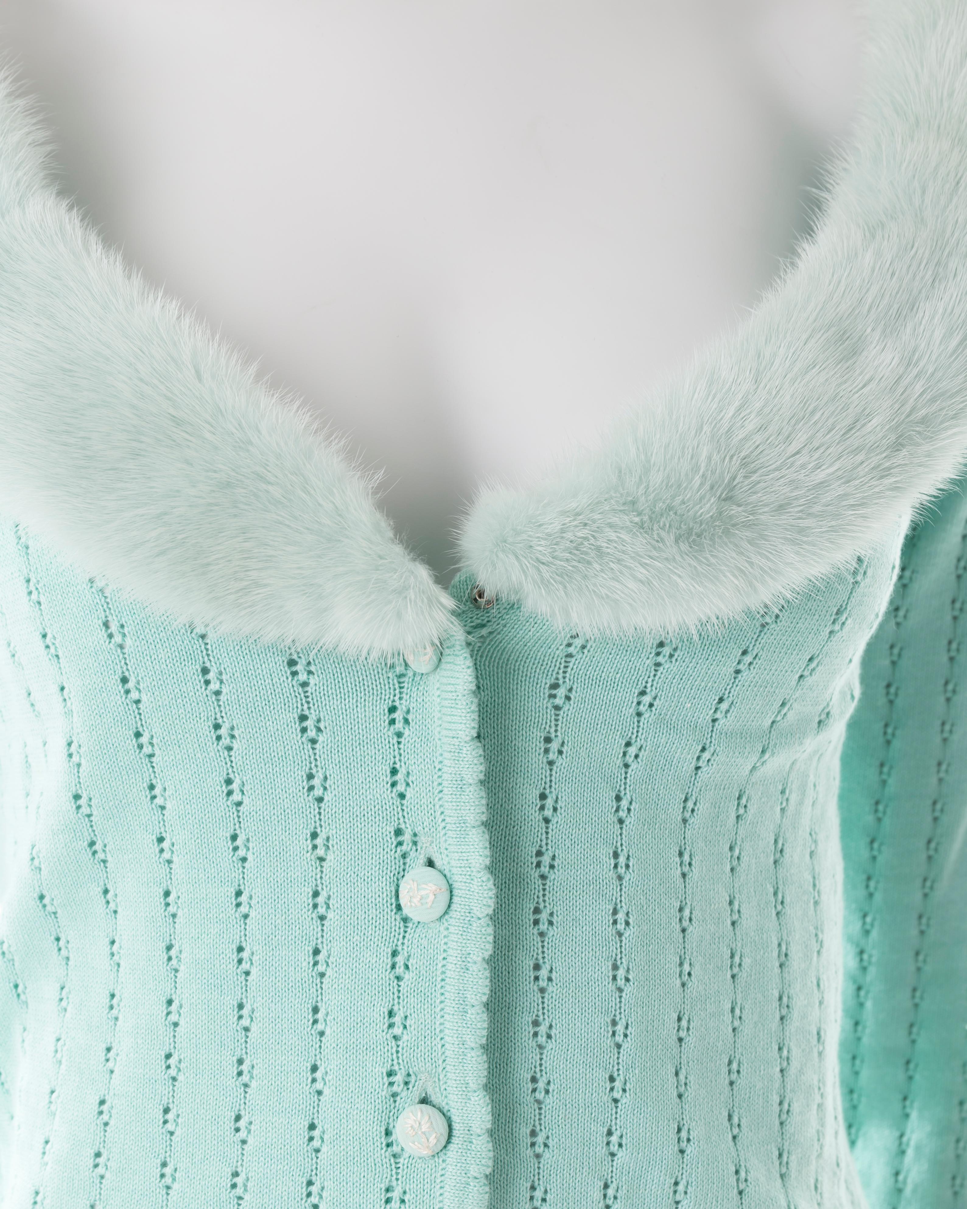 - Blumarine by Anna Molinari
- Cropped fitted mint wool cardigan
- Dyed Mink fur collar
- Size IT 42