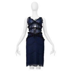 Blumarine - Robe en mousseline et dentelle noire et bleu marine avec volants