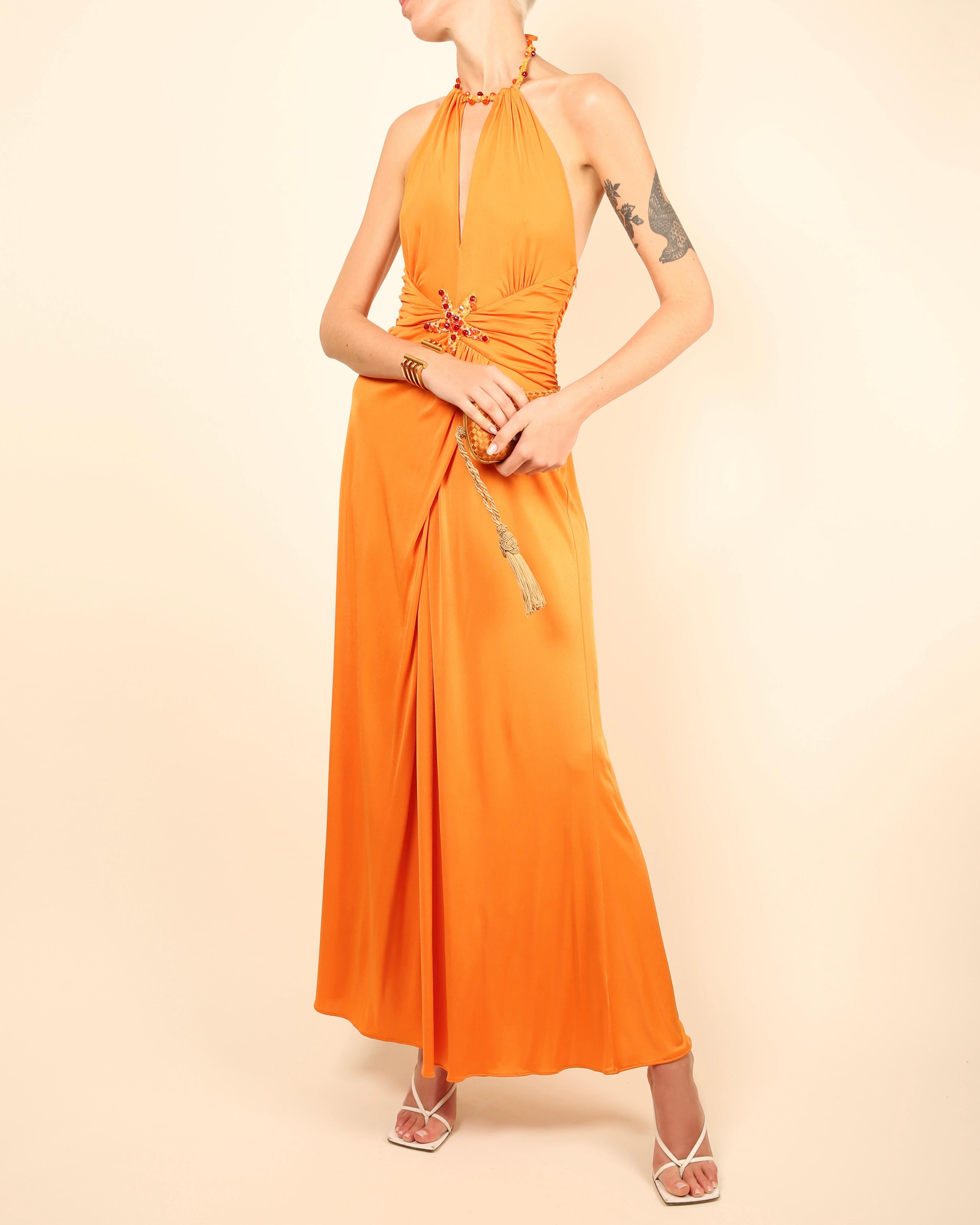 Blumarine orange embellished cut out plunging halter neck backless maxi dress For Sale 2